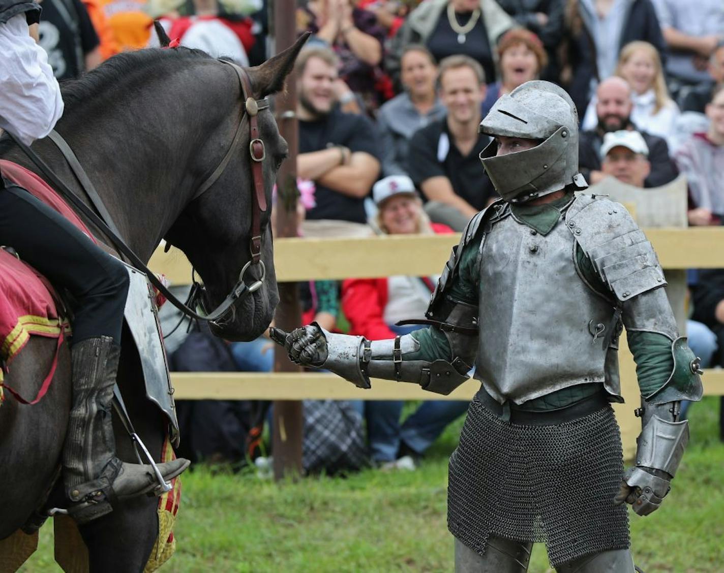 The green and black knight gave a horse a gentle pat after competing in a jousting competition.