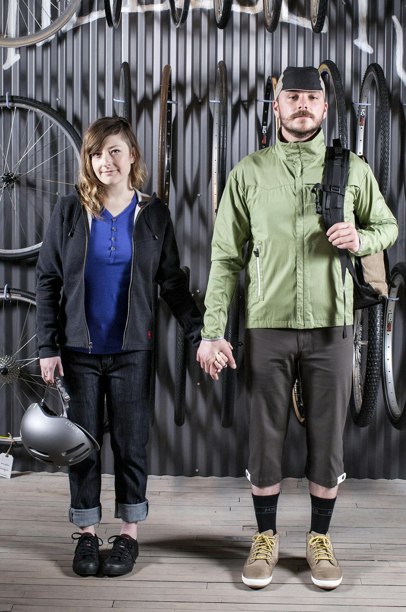 On her:&#x2005; Chrome shoes ($75) and Vulpine V-neck ($119.95) from Handsome Cycles. Chrome hoodie ($100) from Angry Catfish. On him:&#x2005;Rapha shorts ($190) from Angry Catfish. MPLS socks ($14.95) from Handsome Cycles.