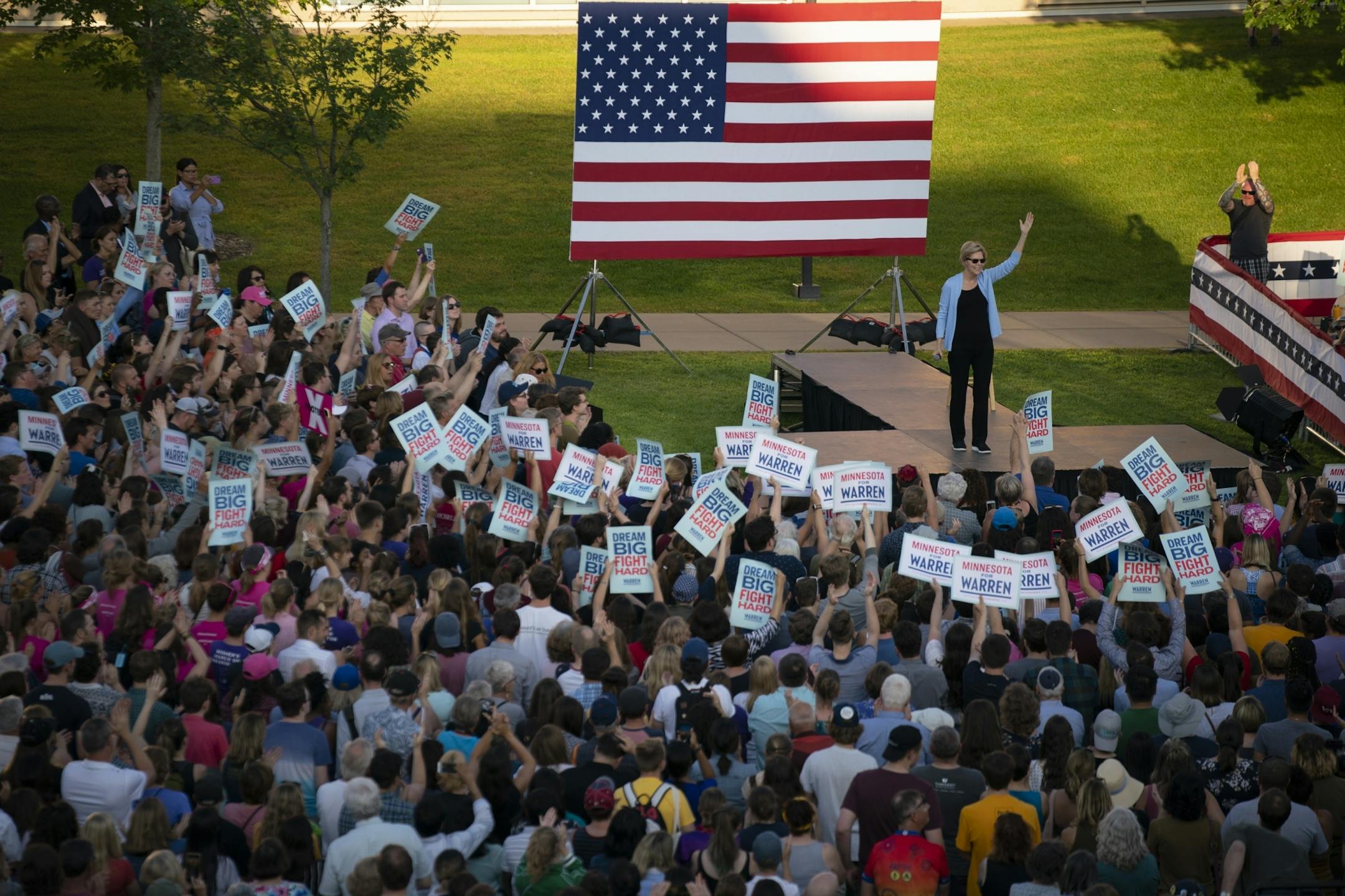 Sen. Elizabeth Warren during her her Town Hall on Shaw Field at Macalester College Monday evening.