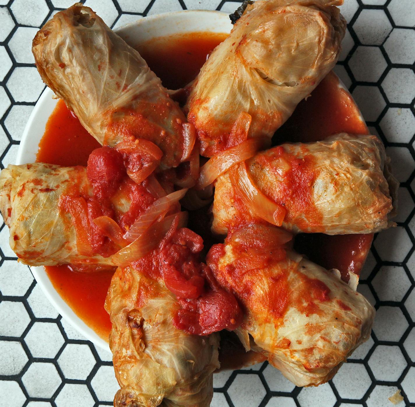 Kramarczuk's cabbage rolls are stuffed with meat and rice and served in a creamy tomato sauce.