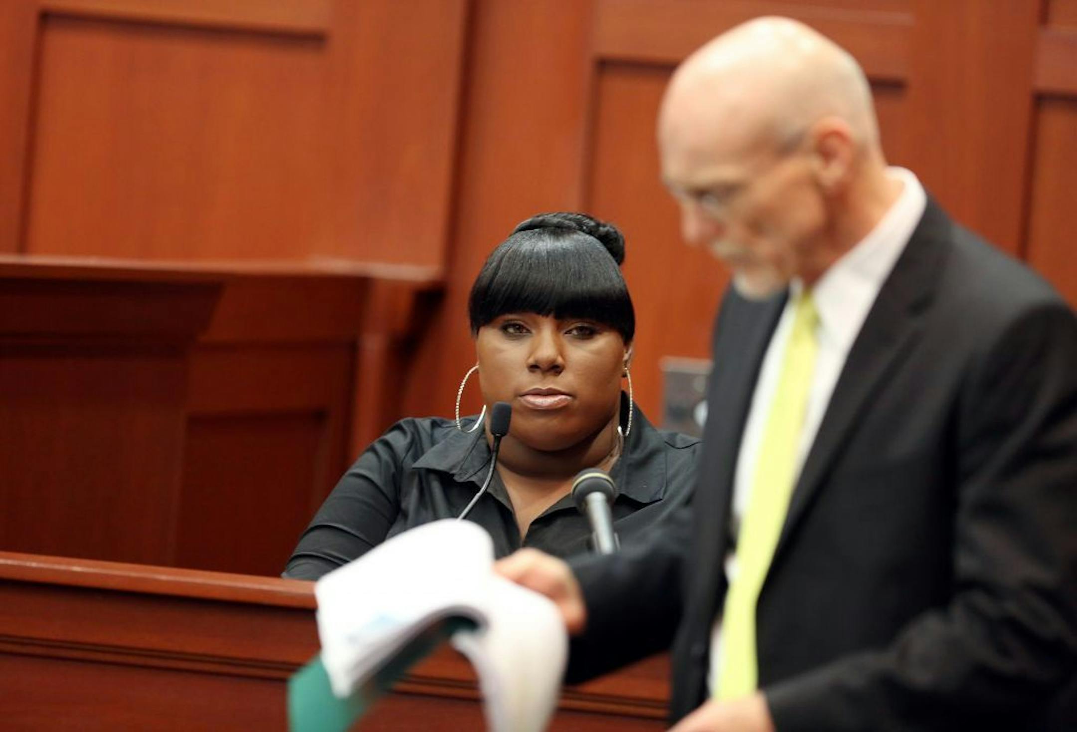 Witness Rachel Jeantel looks at defense attorney Don West as she gives her testimony during George Zimmerman's trial in Seminole circuit court in Sanford, Fla. Wednesday, June 26, 2013.
