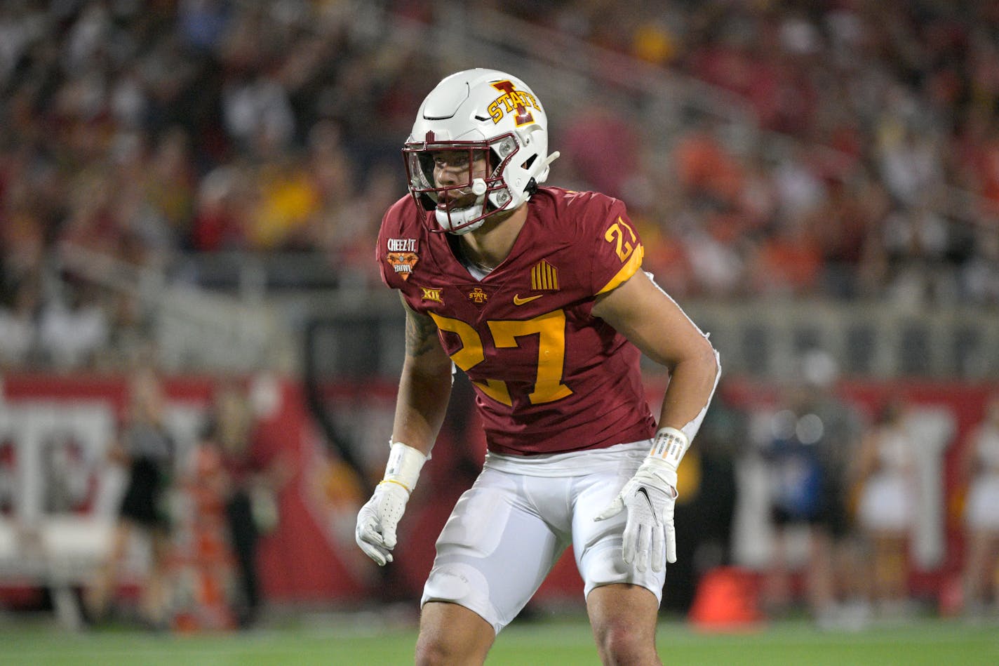 Iowa State defensive back Craig McDonald (27) follows a play during the first half of the Cheez-It Bowl NCAA college football game against Clemson, Wednesday, Dec. 29, 2021, in Orlando, Fla. (AP Photo/Phelan M. Ebenhack)