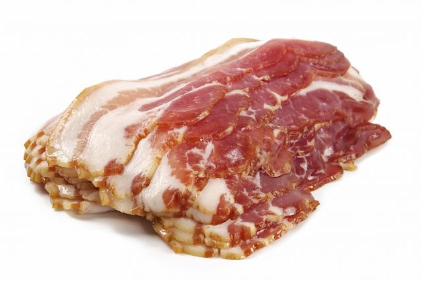 Slices of smoked pork bacon on white background