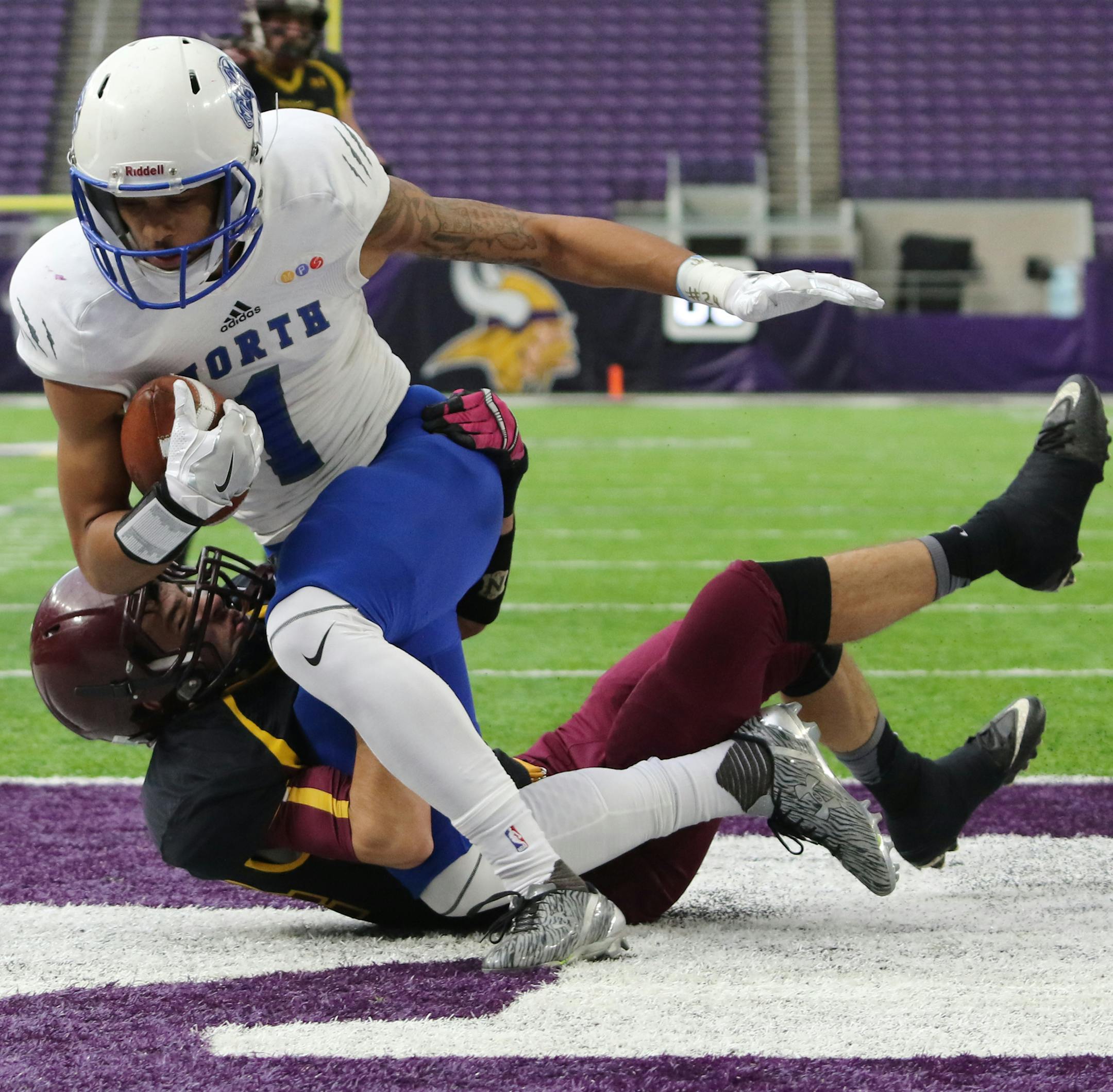 Isaac Johnson of Minneapolis North caught a six-yard slant for a touchdown in the first half against Wabasso.
