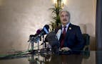 The military chief of Libya's internationally recognized government, Gen. Khalifa Hifter, speaks during a press conference in Amman, Jordan, Monday, A