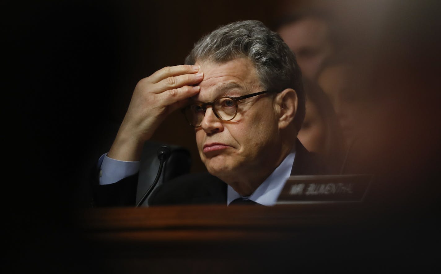 FILE - In this May 3, 2017, file photo, Senate Judiciary Committee member Sen. Al Franken listens on Capitol Hill in Washington, as FBI Director James Comey testified before the committee on oversight of the FBI. Franken has spent much of his nine years as senator trying to shed his funnyman image and digging into issues. That rising trajectory has been interrupted by allegations that he forcibly kissed one woman and squeezed another&#xed;s buttocks without their permission. (AP Photo/Carolyn Ka