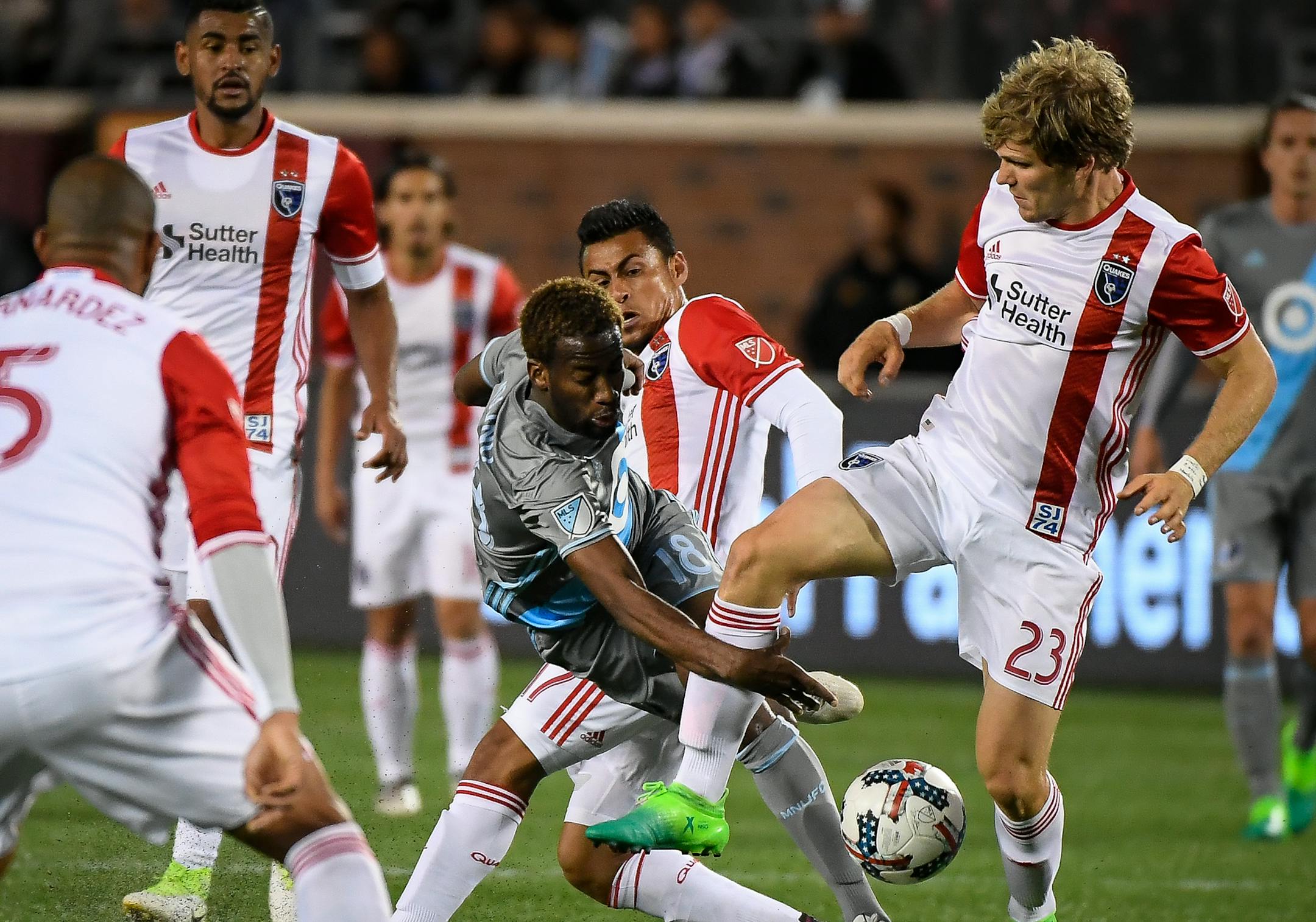 Minnesota United midfielder Kevin Molino (18) was tackled from behind by San Jose Earthquakes defenders, leading to a free kick in the second half. ] AARON LAVINSKY &#xef; aaron.lavinsky@startribune.com Minnesota United played the San Jose Earthquakes on Saturday, April 29, 2017 at TCF Bank Stadium in Minneapolis, Minn.