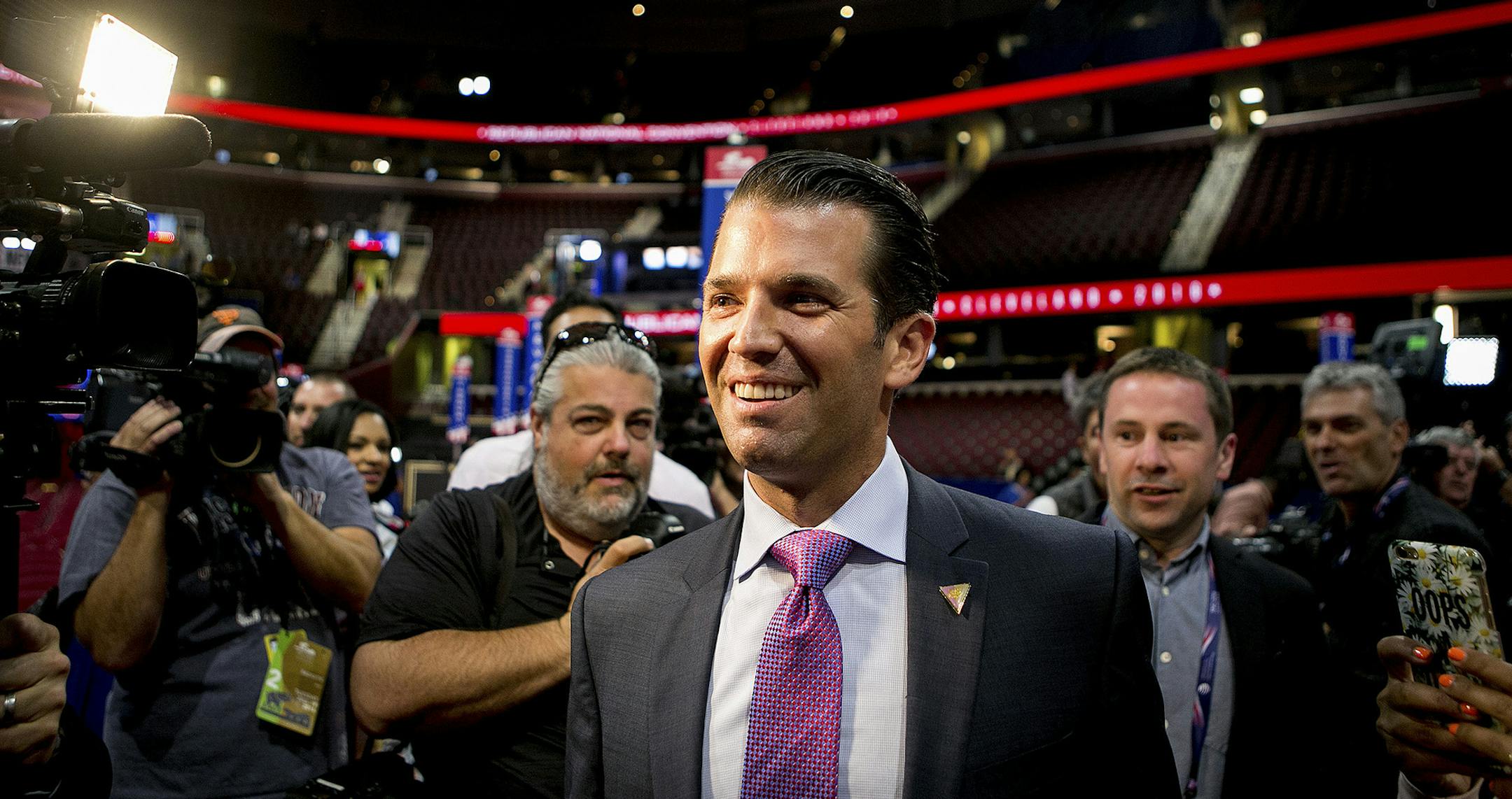 FILE &#xf3; Donald Trump Jr. at the Republican National Convention in Cleveland, Ohio, July 19, 2016. Donald Trump Jr. is said to have arranged a meeting with a Kremlin-linked lawyer during the 2016 presidential campaign after he was told he would be provided with damaging details about Hillary Clinton, according to three advisers to the White House briefed on the meeting and two others with knowledge of it. (Sam Hodgson/The New York Times) ORG XMIT: MIN2017070921305717