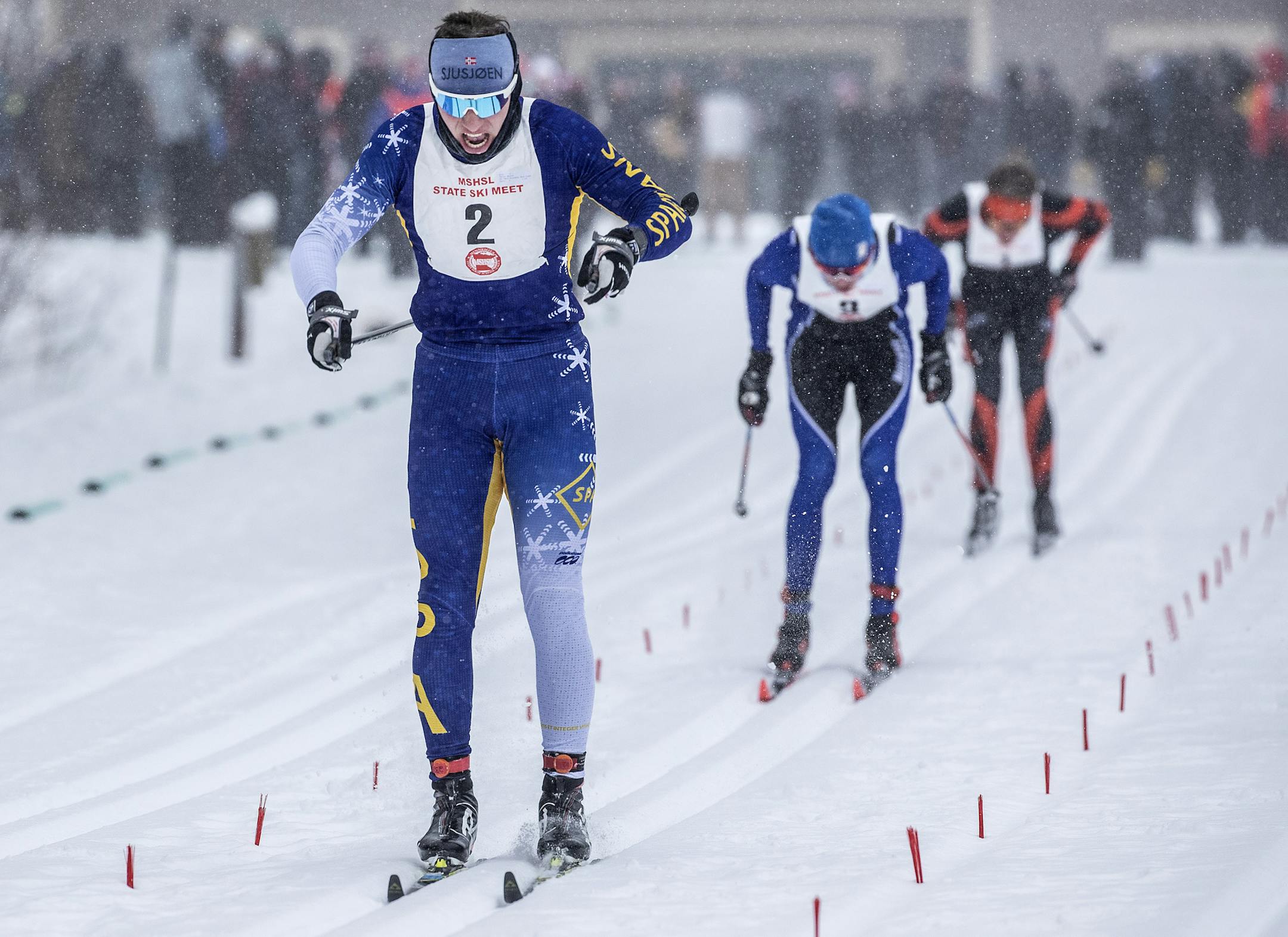 Peter Moore of St. Paul Academy raced to the finish line in the boys' classic 5K race Thursday in the Nordic skiing state meet at Giants Ridge Ski Resort.