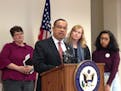 Rep. Keith Ellison speaks to reporters Monday, March 20, 2017.