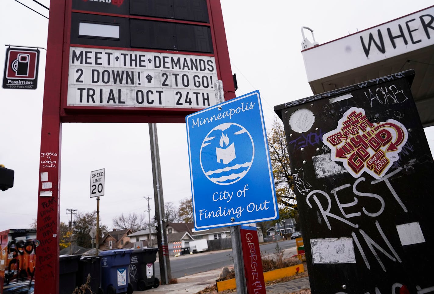 The city of Minneapolis is planning to purchase the former Speedway gas station, now known as the "People's Way," and redevelop it into something that preserves space for racial healing in the short term and may be part of a national racial justice healing center in the long term in Minneapolis, Minn. ]