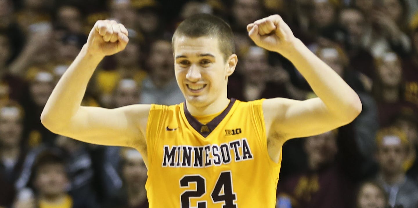 Gophers Joey King raised his arms to celebrate their first Big Ten win over Maryland 68-63. ] RENEE JONES SCHNEIDER &#x2022; reneejones@startribune.com The Minnesota Gophers hosted the Maryland Terrapins at Williams Arena at the University of Minnesota on Thursday, February 18, 2016, in Minneapolis, Minn.