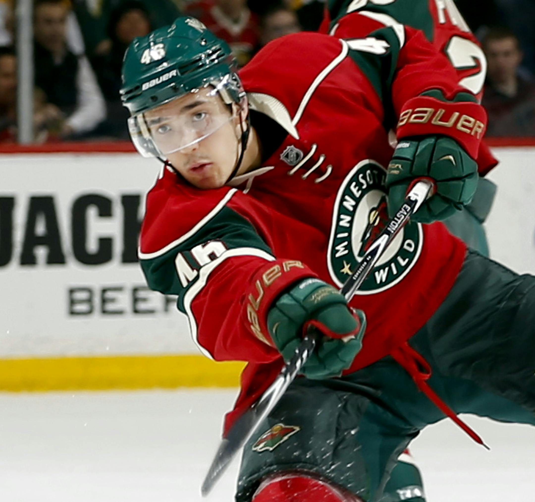 Minnesota Wild Jared Spurgeon (46). ] CARLOS GONZALEZ cgonzalez@startribune.com - April 8, 2014, St. Paul, Minn., Xcel Energy Center, NHL, Minnesota Wild vs. Boston Bruins