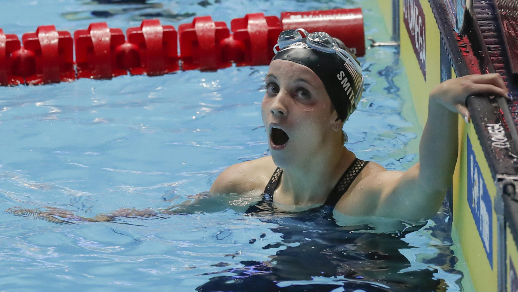 United States' Regan Smith reacts after her women's 200m backstroke semifinal at the World Swimming Championships in Gwangju, South Korea, Friday, July 26, 2019. (AP Photo/Lee Jin-man)