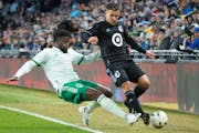 Colorado Rapids defender Lalas Abubakar, left, tackled Loons midfielder Franco Fragapane during an April 16 MLS match at Allianz Field, won 3-1 by the
