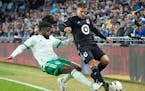 Colorado Rapids defender Lalas Abubakar, left, tackled Loons midfielder Franco Fragapane during an April 16 MLS match at Allianz Field, won 3-1 by the