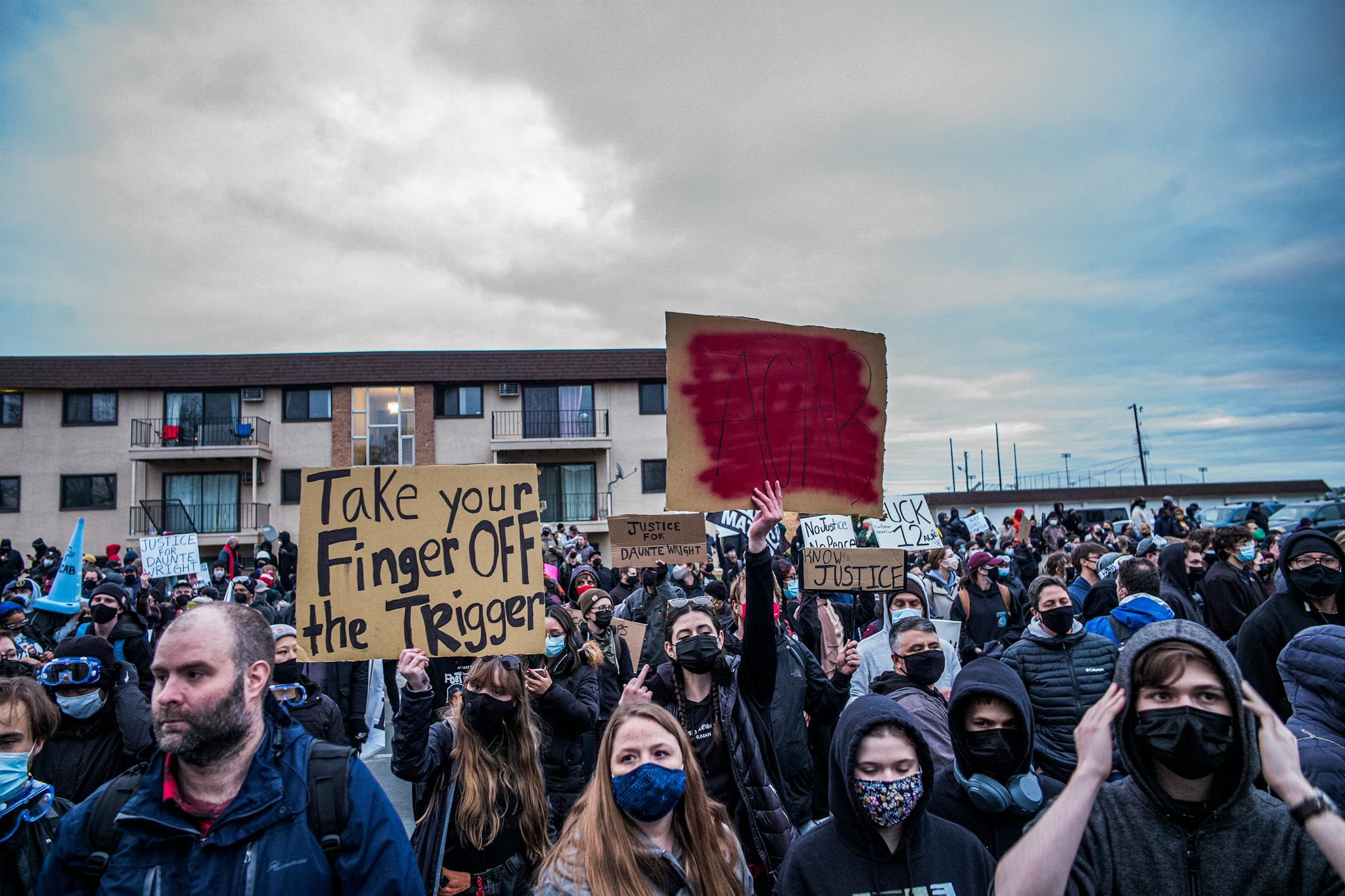 People protest near the Brooklyn Center Police Department in response to the fatal police shooting of Daunte Wright, Thursday, April 15, 2021 in Brooklyn Center, Minn.