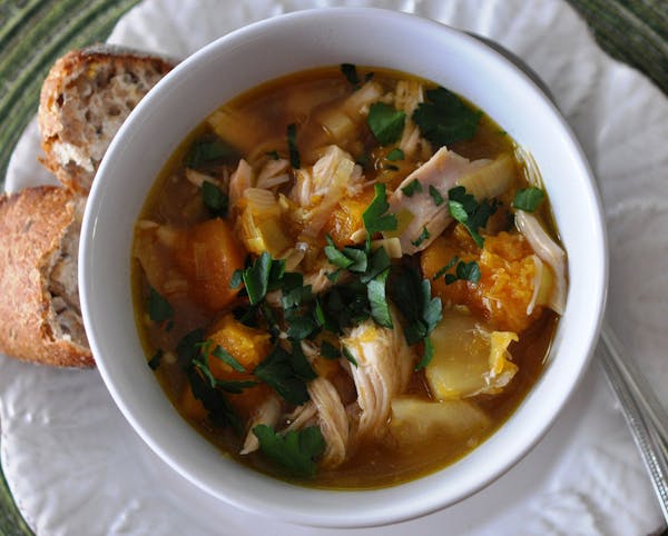 Chicken Soup with Roasted Butternut Squash, Apples and Sausage.