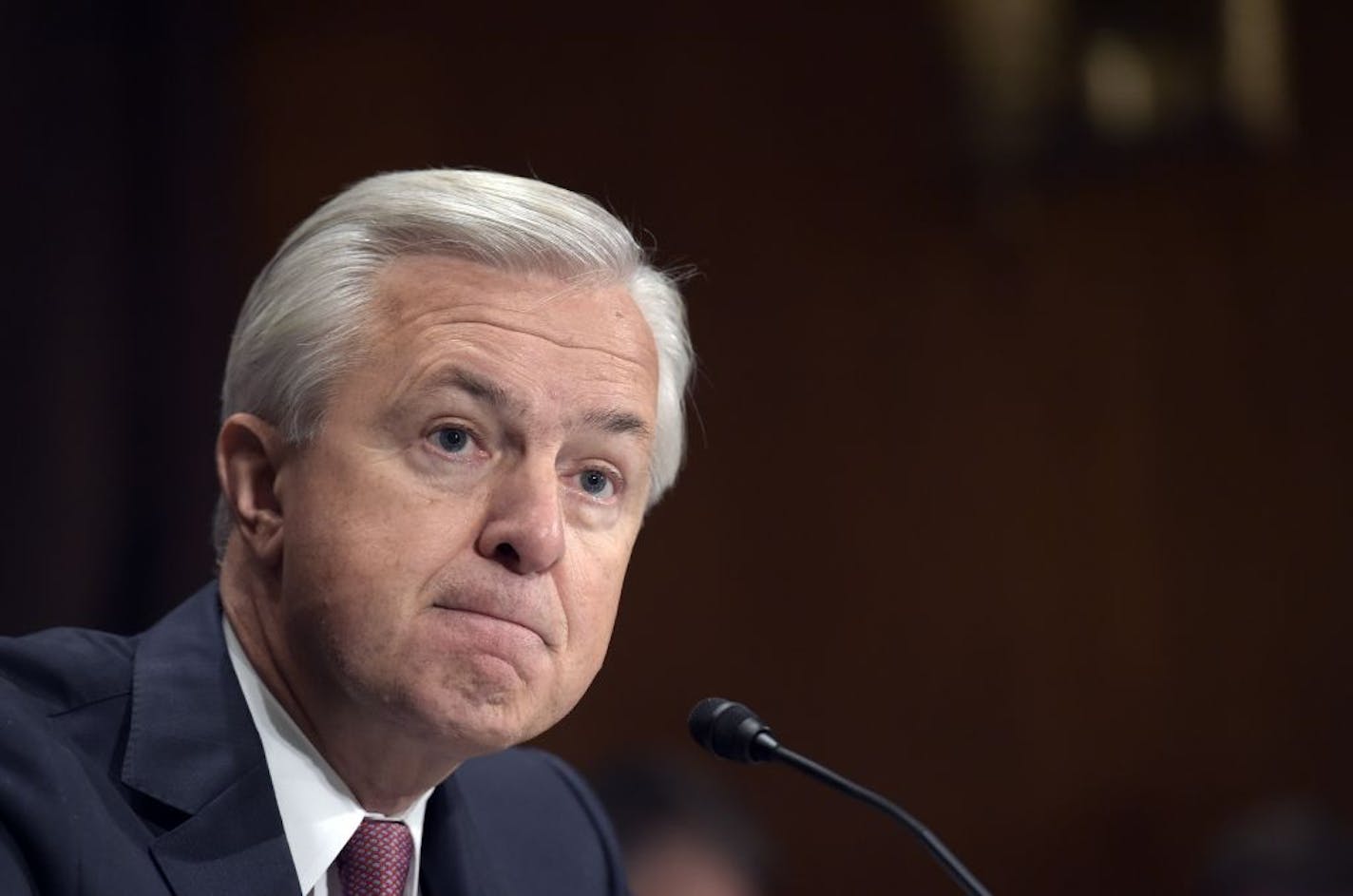 Wells Fargo Chief Executive Officer John Stumpf testifies on Capitol Hill in Washington, Tuesday, Sept. 20, 2016, before the Senate Banking Committee. Stumpf was called before the committee for betraying customers' trust in a scandal over allegations that employees opened millions of unauthorized accounts to meet aggressive sales targets.