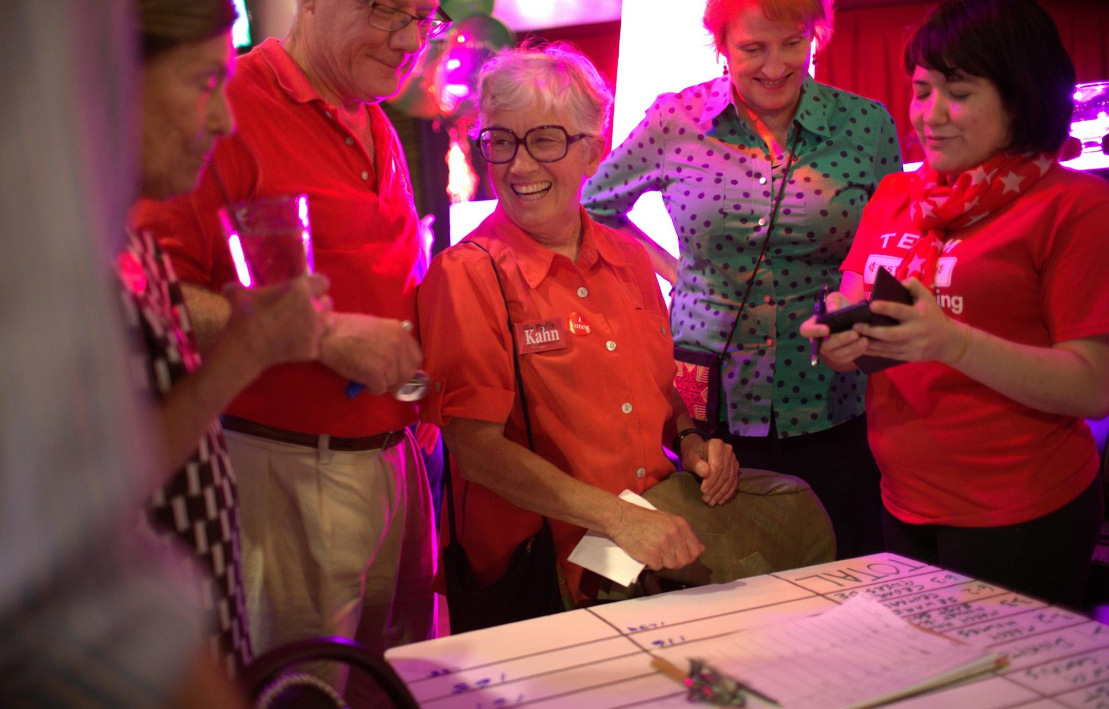 House district 60B primary candidate Rep. Phyllis Kahn laughed with friends and campaign staff as they went trough results soon after the polls closed at Mattie's on Main on Tuesday, August 12, 2014 in Minneapolis, Minn. ] RENEE JONES SCHNEIDER reneejones@startribune.com