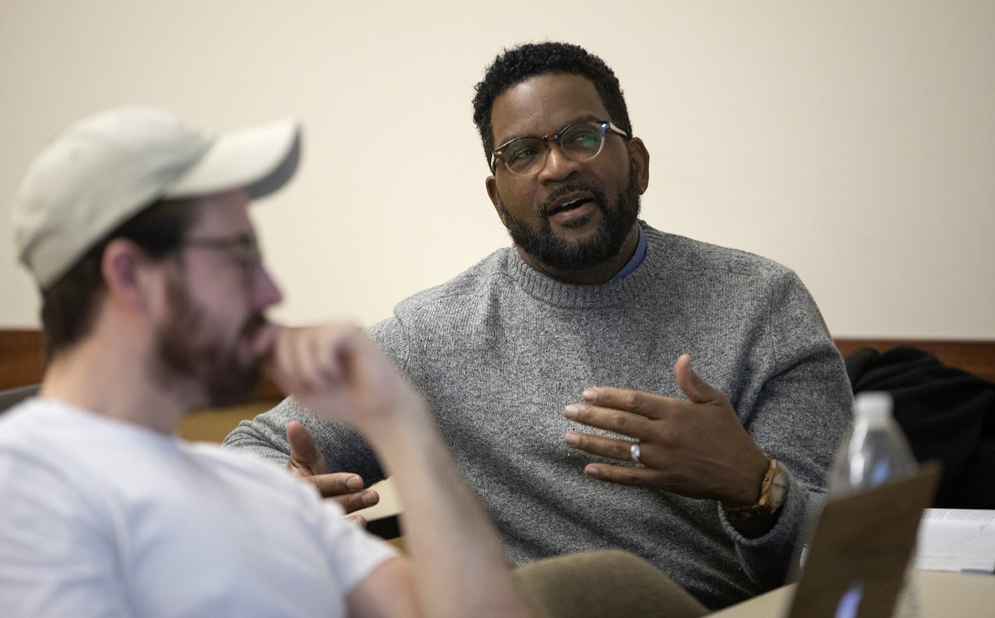 Bradly Johnson participates in a discussion about ethics in teacher Samantha Loo's class Tuesday, Feb. 12, 2019, at the School of Public Service at DePaul University in Chicago, Ill. (Erin Hooley/Chicago Tribune/TNS)