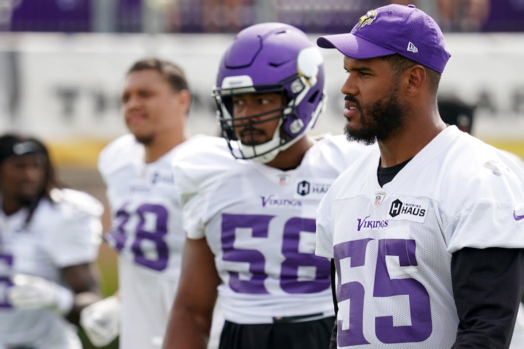 Linebacker Anthony Barr’s practice jersey shows the team’s sponsor, Training Haus.