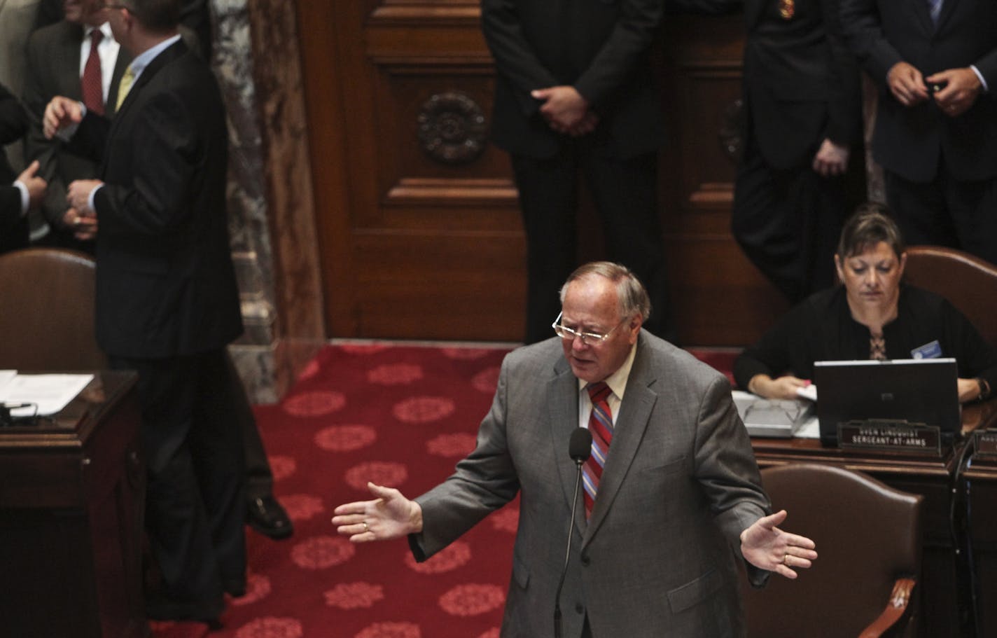 During debate on the senate floor before its passage, Senate Majority Leader Republican David Senjem urged passage of the bill Friday, Aug. 24, 2012, at the State Capitol in St. Paul.