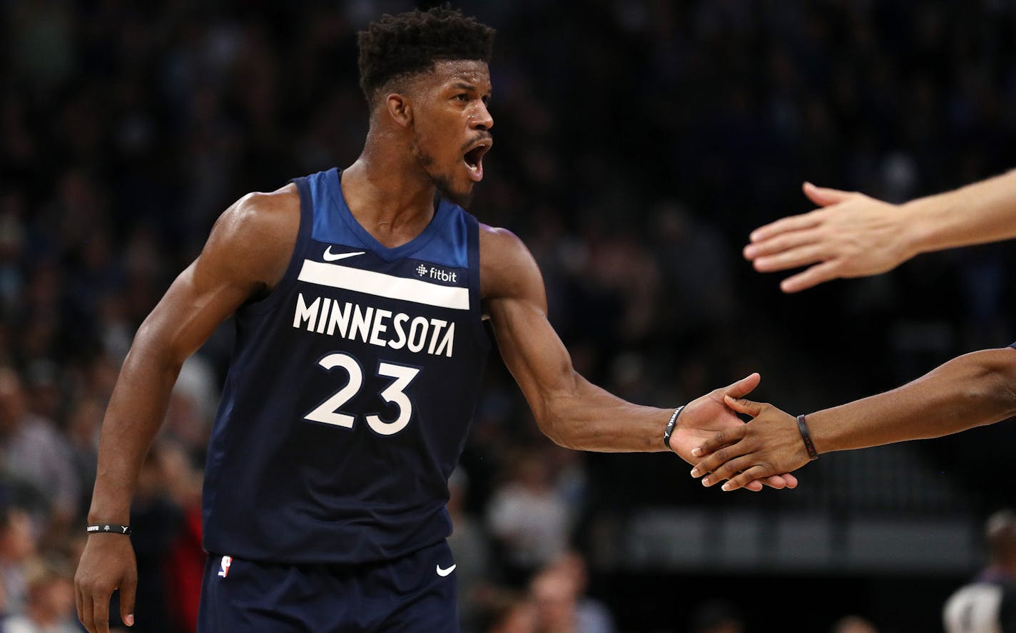 Minnesota Timberwolves forward Jimmy Butler (23) rallied his teammates during a time out in the second half. ] ANTHONY SOUFFLE &#xef; anthony.souffle@startribune.com Game action from an NBA game between the Minnesota Timberwolves and the Oklahoma City Thunder Friday, Oct. 27, 2017 at the Target Center in Minneapolis.