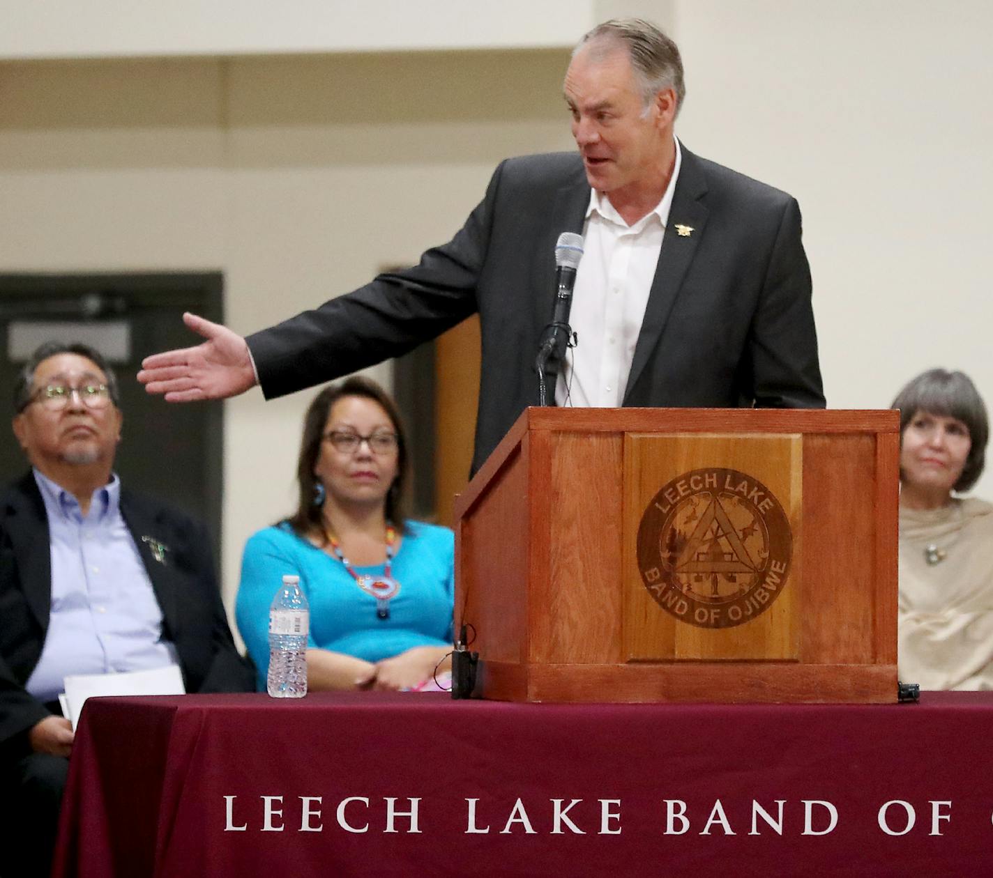 Monday, July 30, 2018 was dedication day for the new Bug-O-Nay-Ge-Shig School in Bena, Minnesota. Here, Ryan Zinke, U.S. Secretary of the Interior points towards former U.S. Senator Al Franken while acknowledging Franken's role in gaining funding for the Bug School during the ceremony.]
DAVID JOLES &#xef; david.joles@startribune.com Four years ago, the aging and dilapidated converted garage that served as the high school for the Leech Lake Band of Ojibwe was one of 62 Bureau of Indian Educations