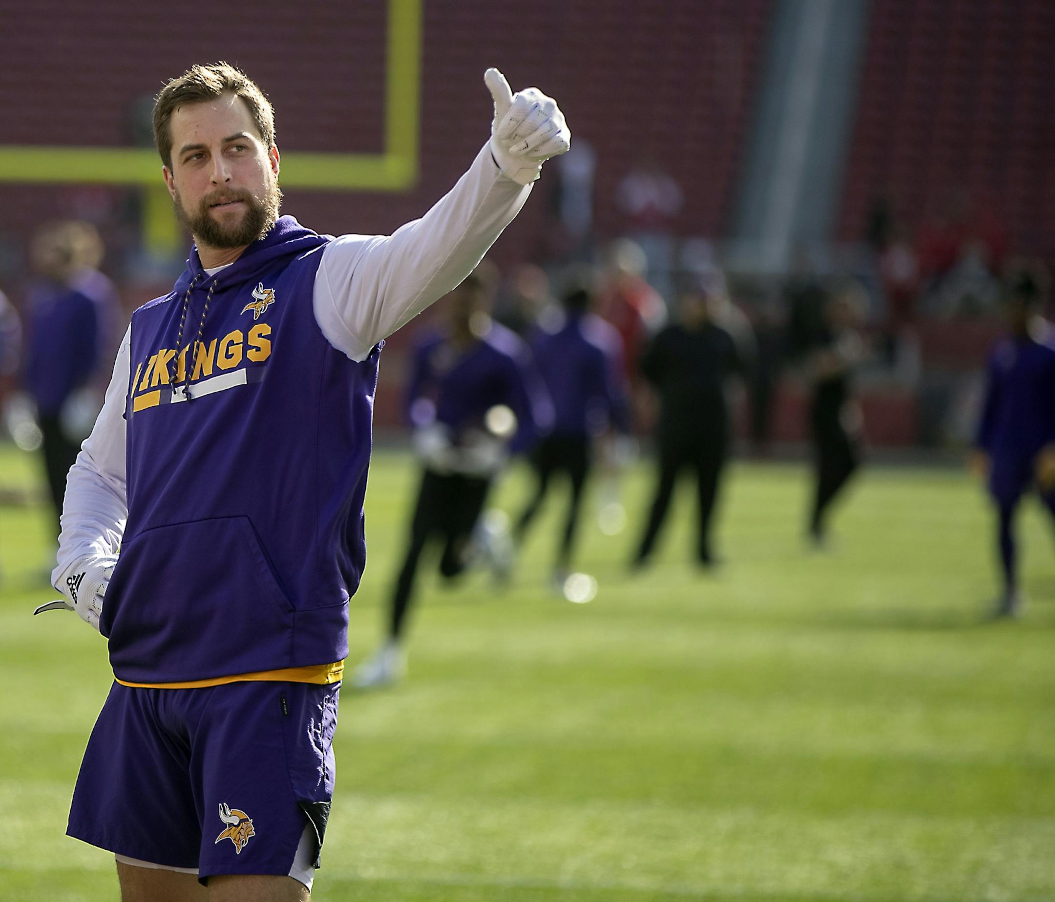 Minnesota Vikings wide receiver Adam Thielen gave a thumbs-up to fans before the game.