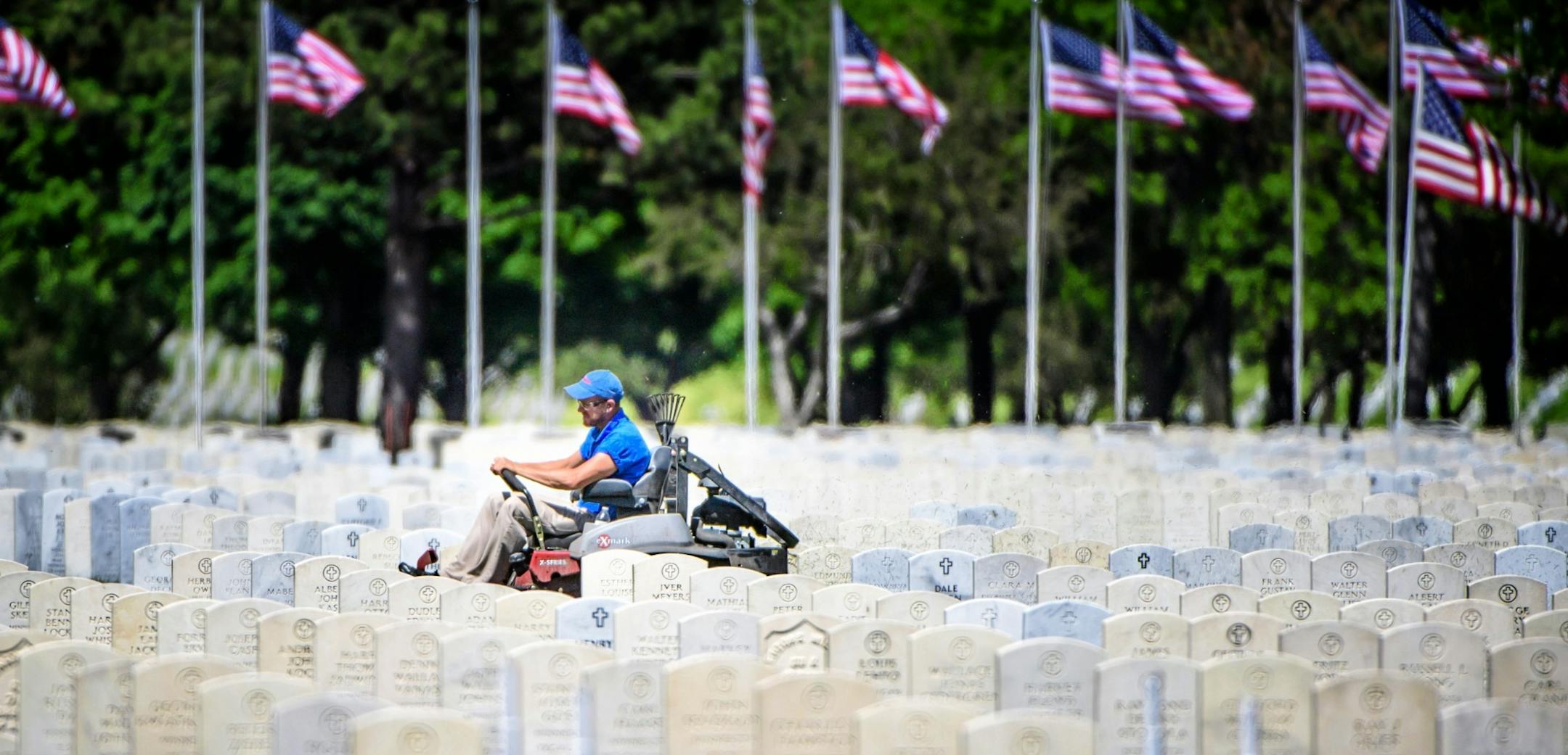 Lawn cutting at Fort Snelling National Cemetery.