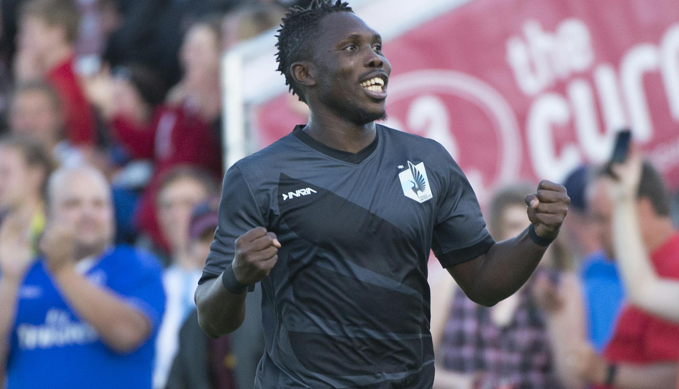 Minnesota United FC midfielder Kalif Alhassan (11) celebrated a goal by forward Pablo Campos (9) in the first half against Atlanta Saturday night. ] Aaron Lavinsky &#x2022; aaron.lavinsky@startribune.com Minnesota United FC Played the Atlanta Silverbacks on Saturday, May 8, 2015 at the National Sports Center in Blaine. ORG XMIT: MIN1505092124370218