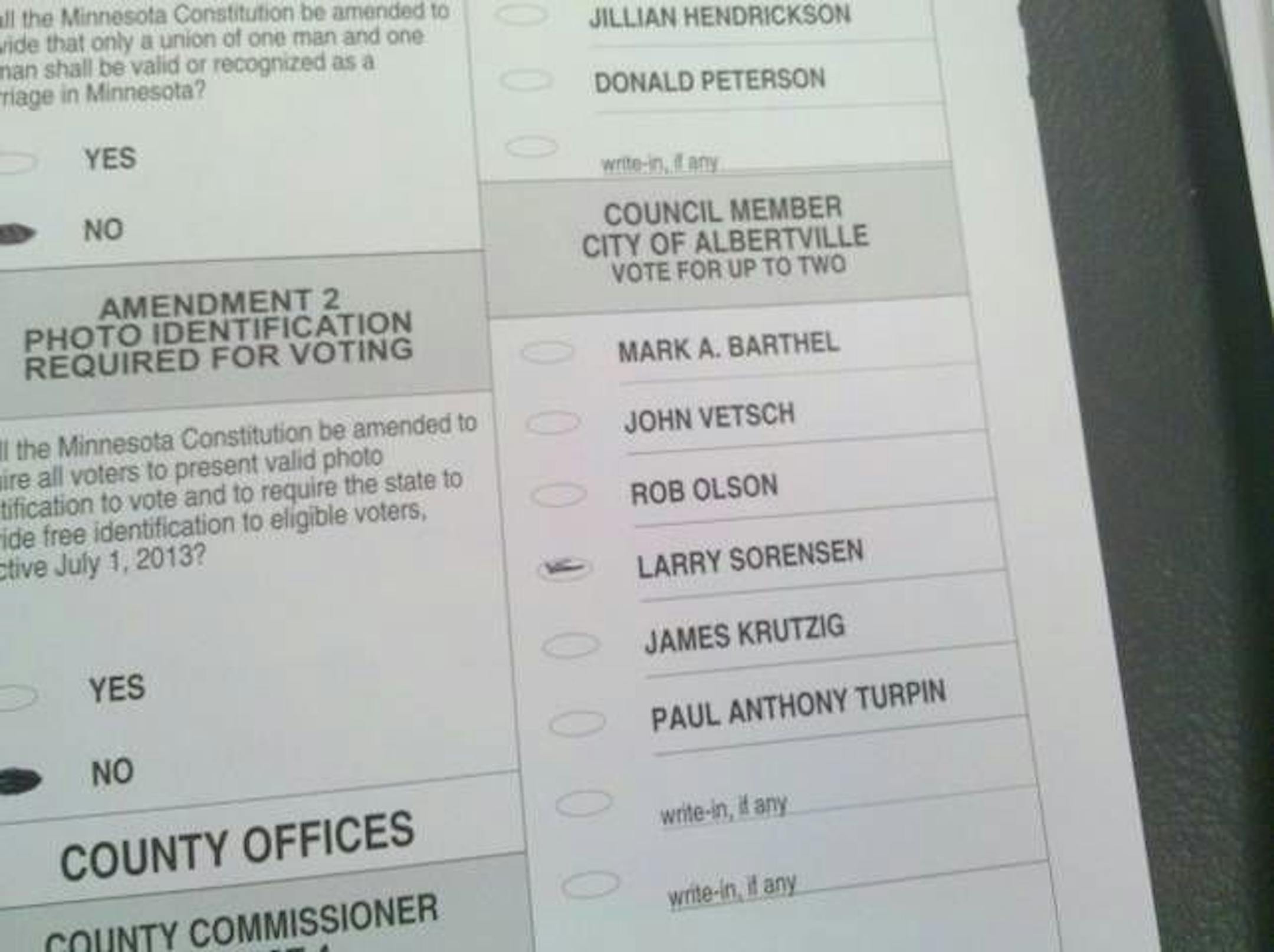 The ballot contested by Mark Barthel showed a partially filled-in vote for Larry Sorensen in the Albertville, Minn., City Council race.