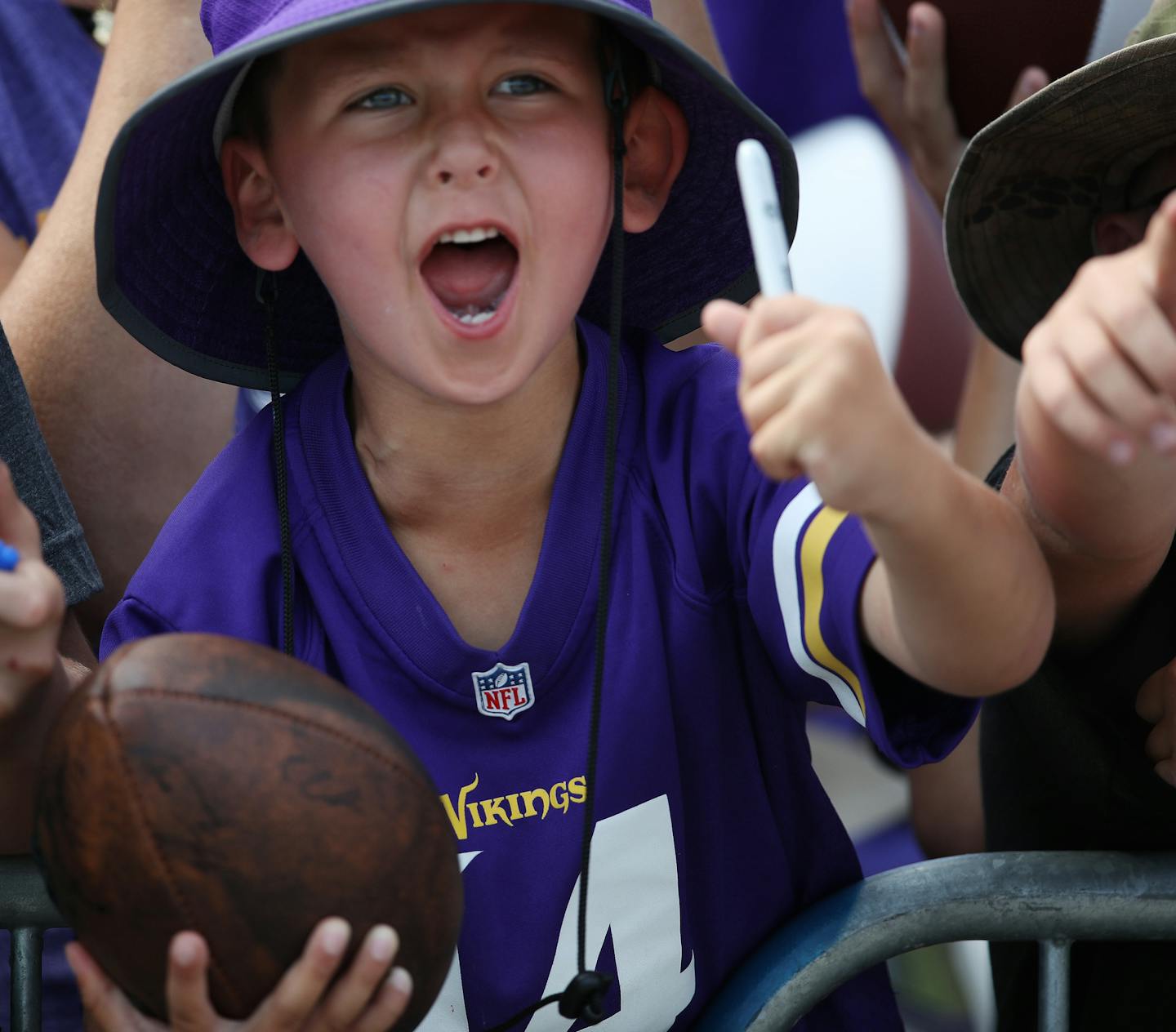 Ryker Anderson ,6 tried to get Minnesota Vikings quarterback Teddy Bridgewater (5) autograph at Minnesota State University Mankato Friday July 28, 2017 in Mankato , MN. ] JERRY HOLT &#xef; jerry.holt@startribune.com