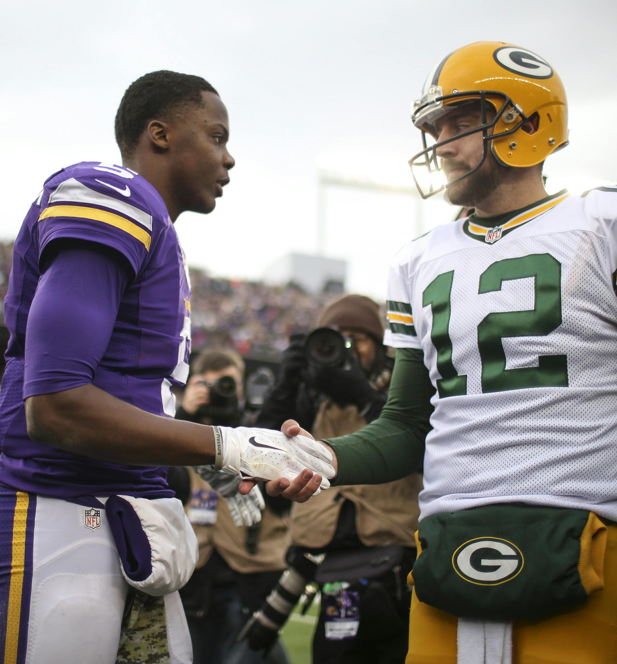 Minnesota Vikings quarterback Teddy Bridgewater and Green Bay Packers quarterback Aaron Rodgers visited after the game Sunday afternoon at TCF Bank Stadium in Minneapolis. ] JEFF WHEELER ‚Ä¢ jeff.wheeler@startribune.com The Vikings lost to the Green Bay Packers 24-21 Sunday afternoon, November 23, 2014 at TCF Bank Stadium in Minneapolis.