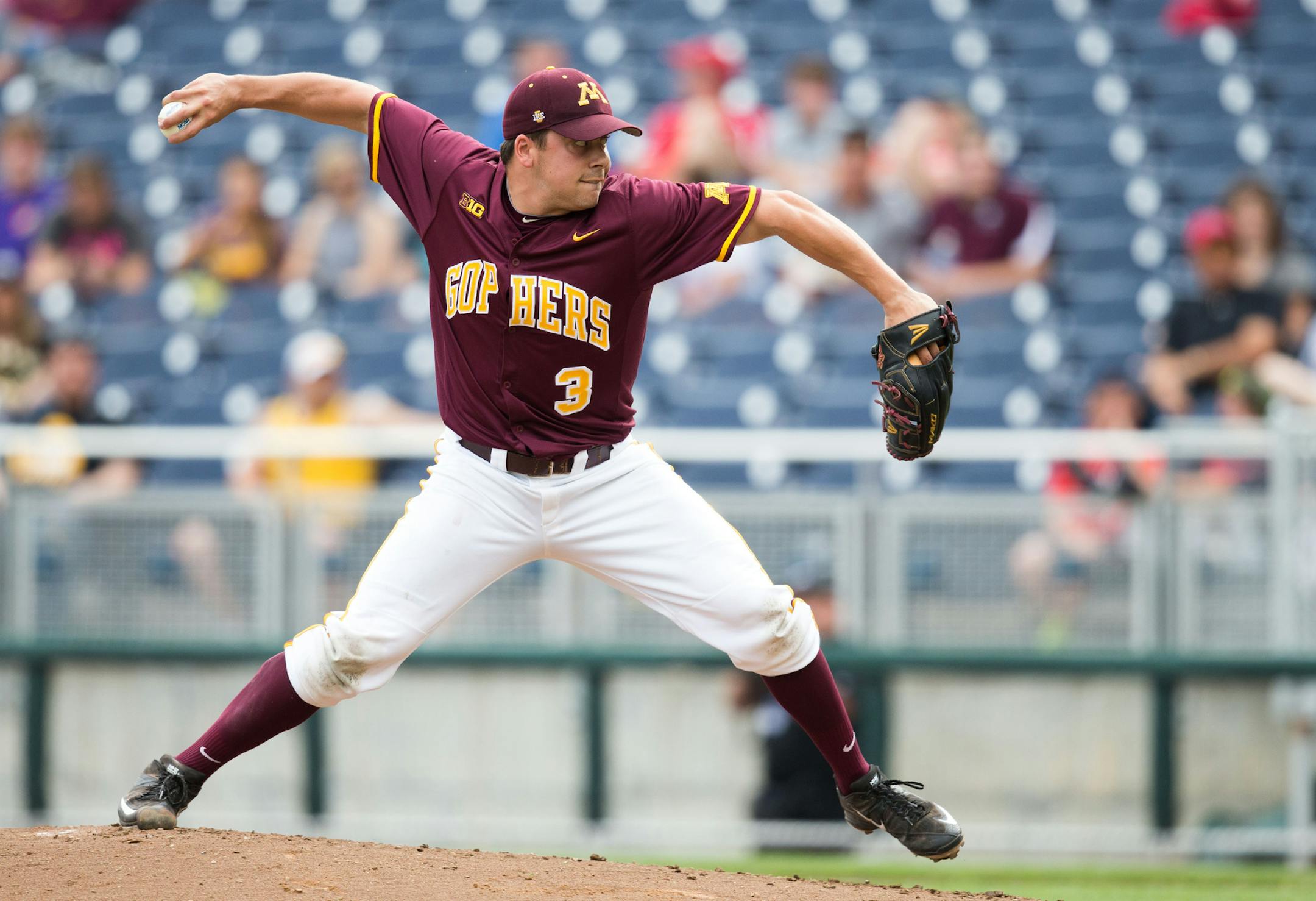 Omaha, Nebraska -- Minnesota's Matt Fiedler pitches in the first inning of the Golden Gopher's Big Ten Conference Baseball Tournament game against Iowa at TD Ameritrade Park on Wednesday, May 25, 2016, in Omaha. (MATT DIXON/THE WORLD-HERALD)