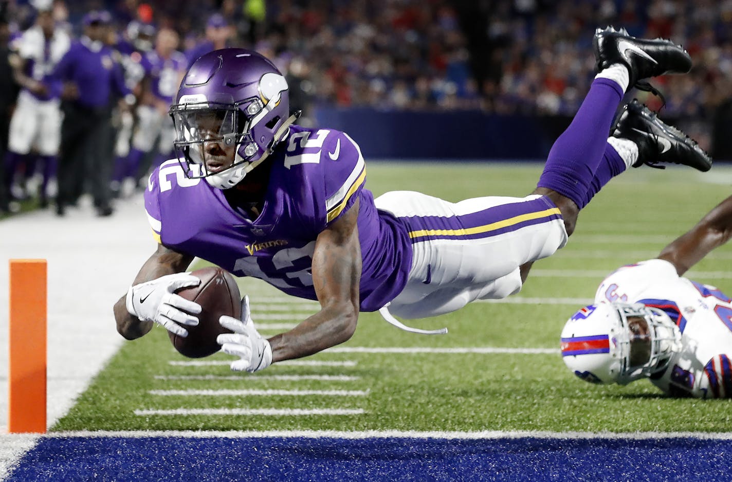 Rodney Adams (12) stretched out across the goal line to score a touchdown in the third quarter. ] CARLOS GONZALEZ &#xef; cgonzalez@startribune.com - August 10, 2017, Orchard Park, NY, New Era Field, NFL, Minnesota Vikings vs. Buffalo Bills