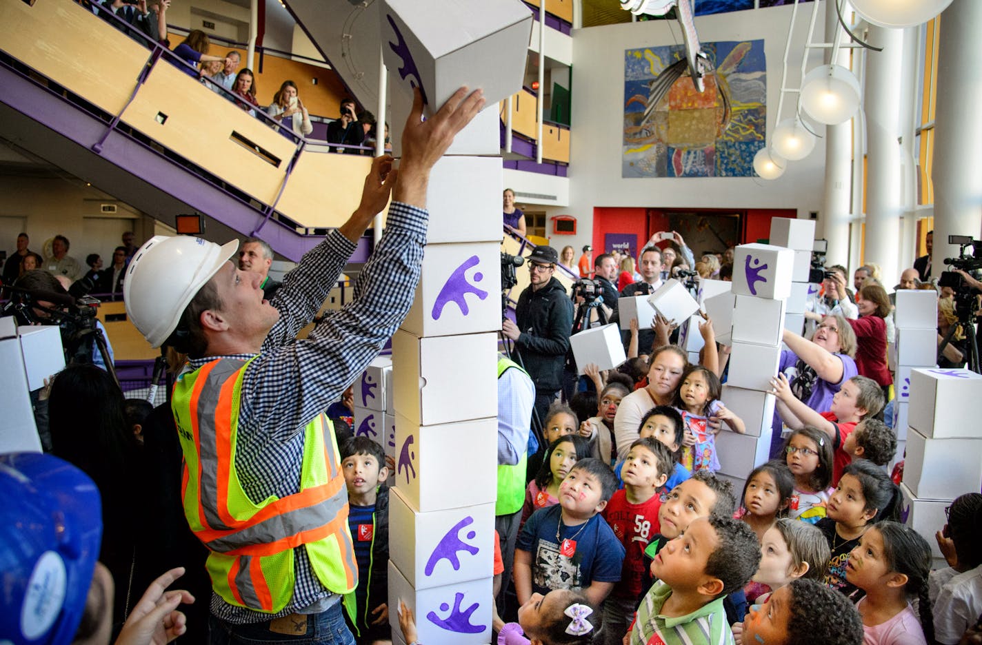 The Minnesota Children's Museum launched a major expansion Wednesday with a "Ground Shaking" instead of a ground breaking where kids symbolically built built a new museum with blocks emblazoned with the museum's new logo. ] GLEN STUBBE * gstubbe@startribune.com Wednesday, October 7, 2015 The Minnesota Children's Museum launched a major expansion Wednesday with a "Ground Shaking" instead of a ground breaking where kids symbolically built built a new museum with blocks emblazoned with the museum's