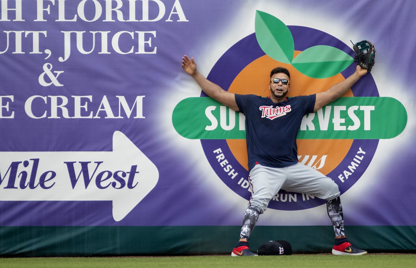 Minnesota Twins' Nelson Cruz hit the wall while chasing a fly ball during practice. ] CARLOS GONZALEZ &#x2022; cgonzalez@startribune.com &#x2013; Fort Myers, FL &#x2013; February 19, 2020, CenturyLink Sports Complex, Hammond Stadium, Minnesota Twins, Spring Training