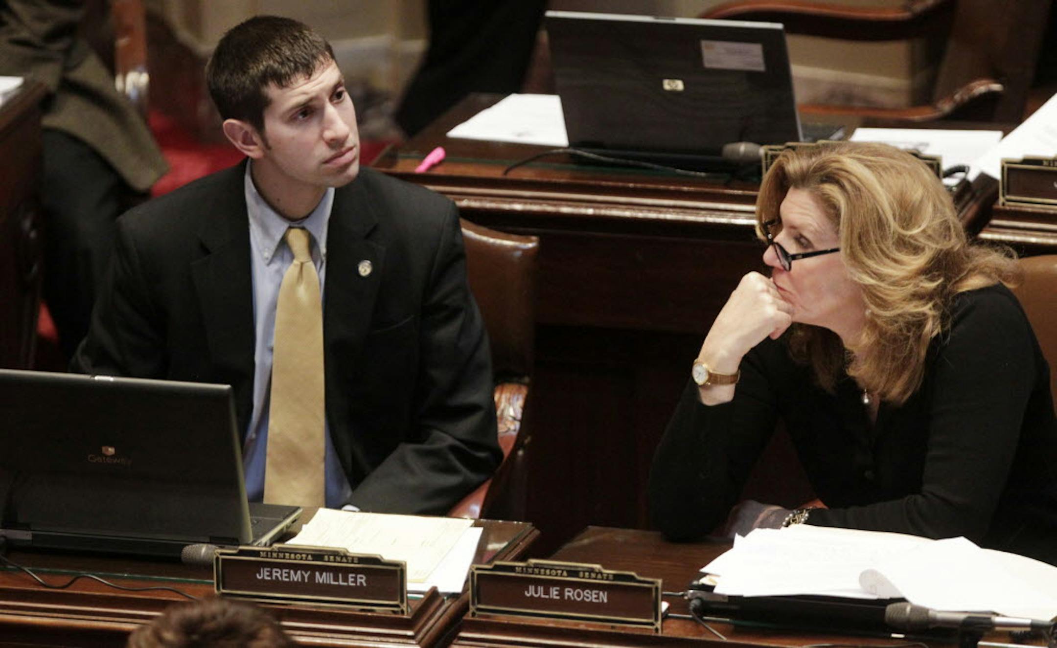 Republican Sen. Jeremy Miller left and Julie Rosen watched the votes come in that blocked Ellen Anderson as Public Utilities Commission chair.