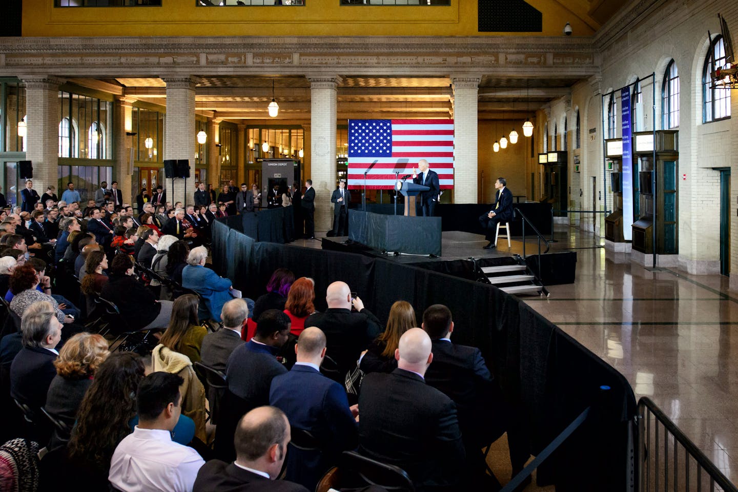 Vice President Joe Biden came to St. Paul's Union Depot. ] GLEN STUBBE * gstubbe@startribune.com Thursday, February 18, 2016 Vice President Joe Biden came to St. Paul's Union Depot to praise the successes of the federal stimulus program that the administration used to help lift the country out of the Great Recession. The Depot renovation received a lot of stimulus funding and helped spark a revitalization of Lowertown.