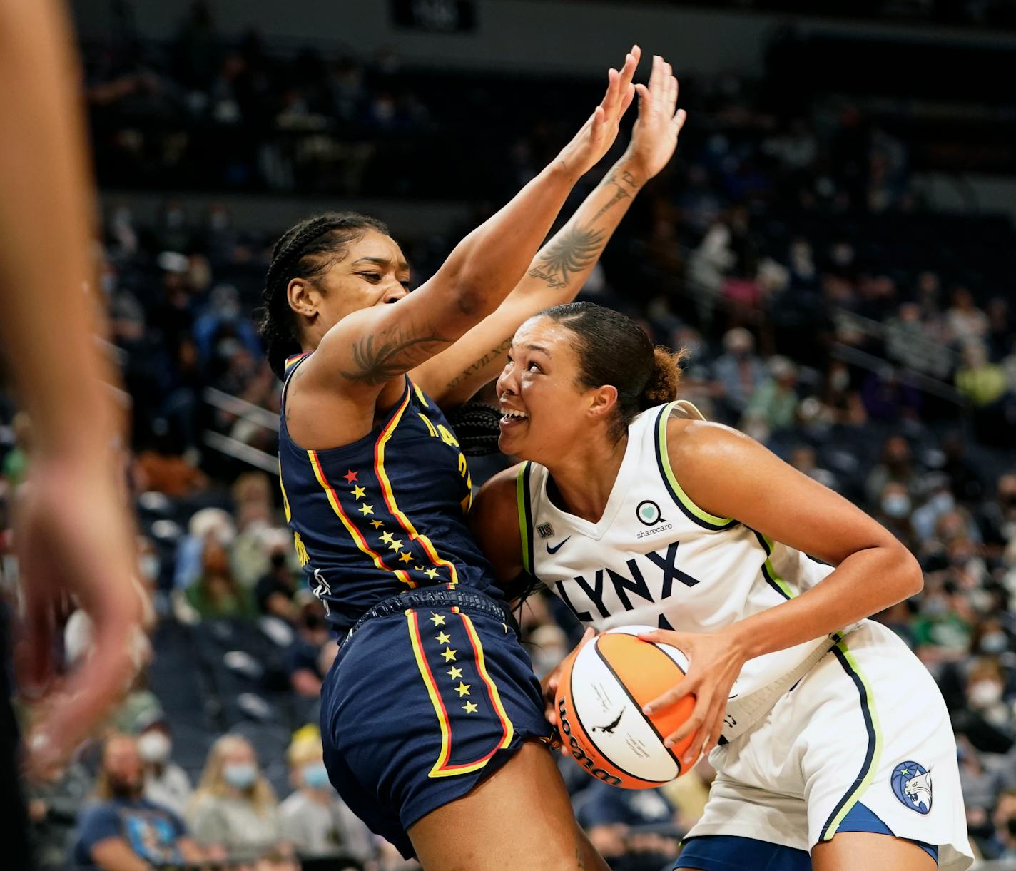 Lynx forward Napheesa Collier drives to the basket while defended by Indiana guard Victoria Vivians on Sunday. The teams played again Friday.