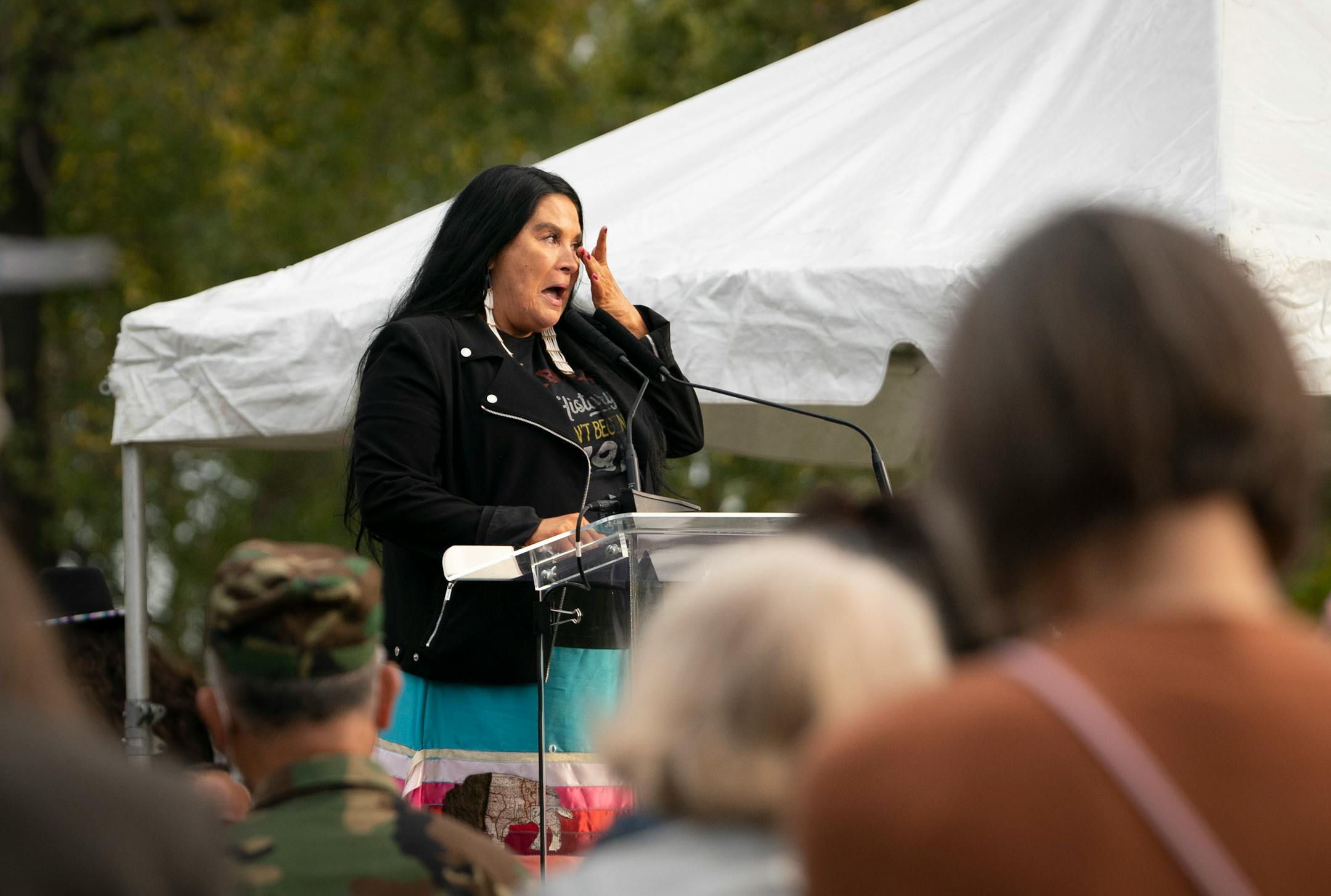 Prairie Island Indian Community President Shelley Buck became tearful as she spoke during Indigenous Peoples Day ceremony held to dedicate and honor the land that will house the new Wakan Tipi Center in St. Paul, Minn., on Monday, October 11, 2021.