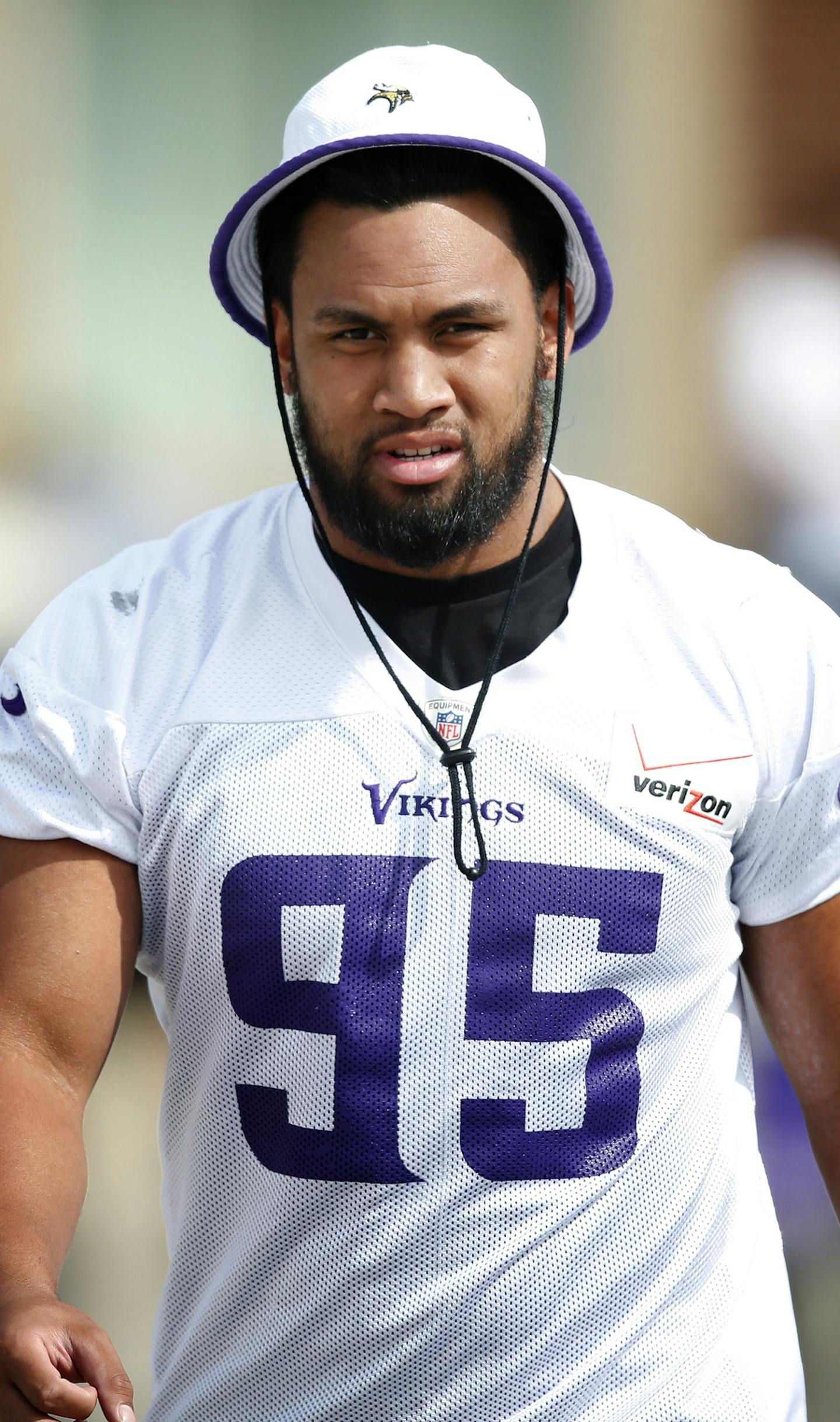 Minnesota Vikings Scott Crichton (95) walked out for the morning practice on Tuesday. ] CARLOS GONZALEZ cgonzalez@startribune.com - August 5, 2014 , Mankato, Minn., Minnesota State University, Mankato, Minnesota Vikings Training Camp, NFL,