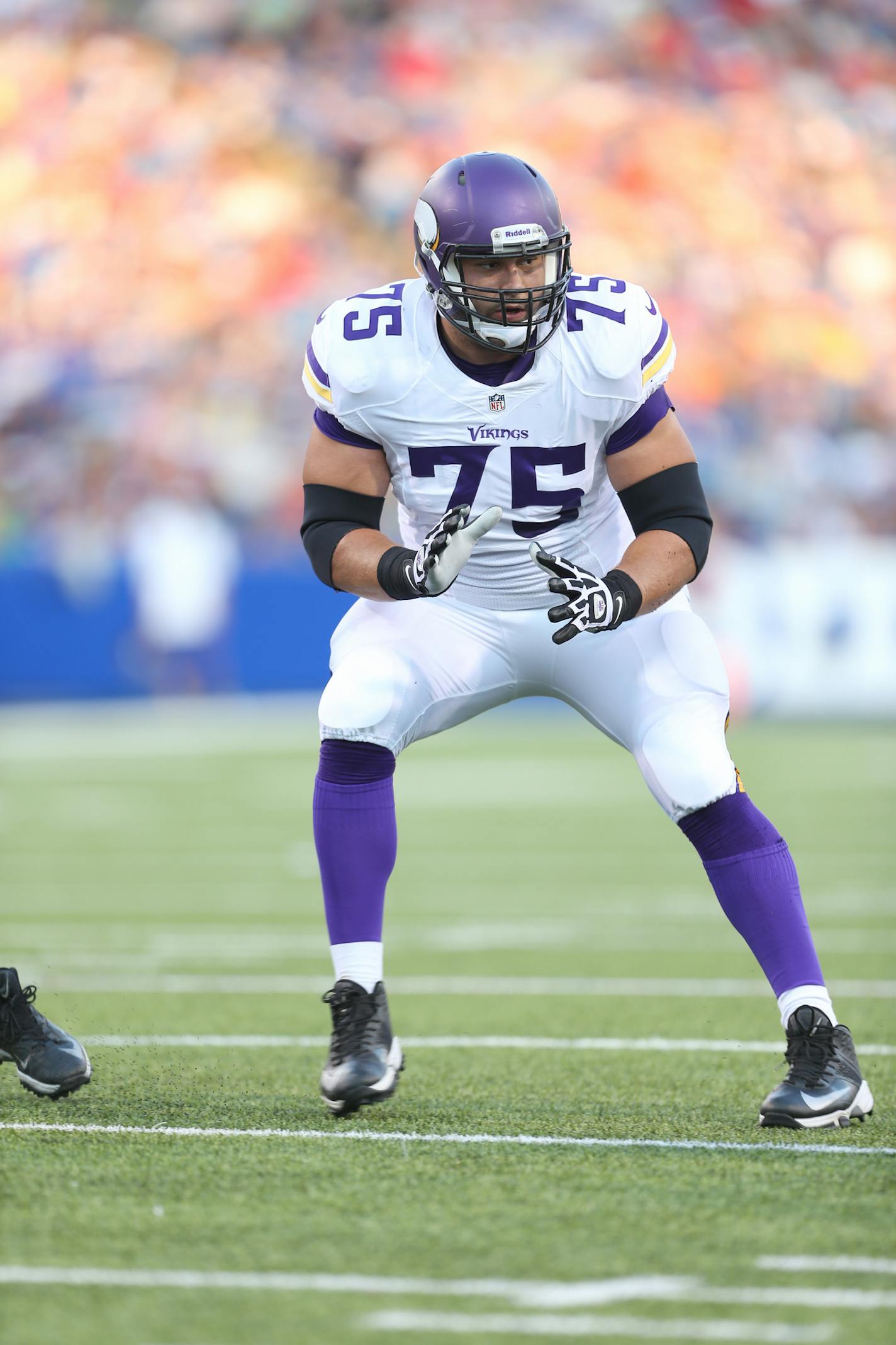 Minnesota Vikings offensive tackle Matt Kalil (75) blocks during a preseason NFL football game against the Buffalo Bills, Friday, August 16, 2013 in Orchard Park, NY. The Bills won the game 20-16. (AP Photo/Paul Jasienski) ORG XMIT: PJNY01