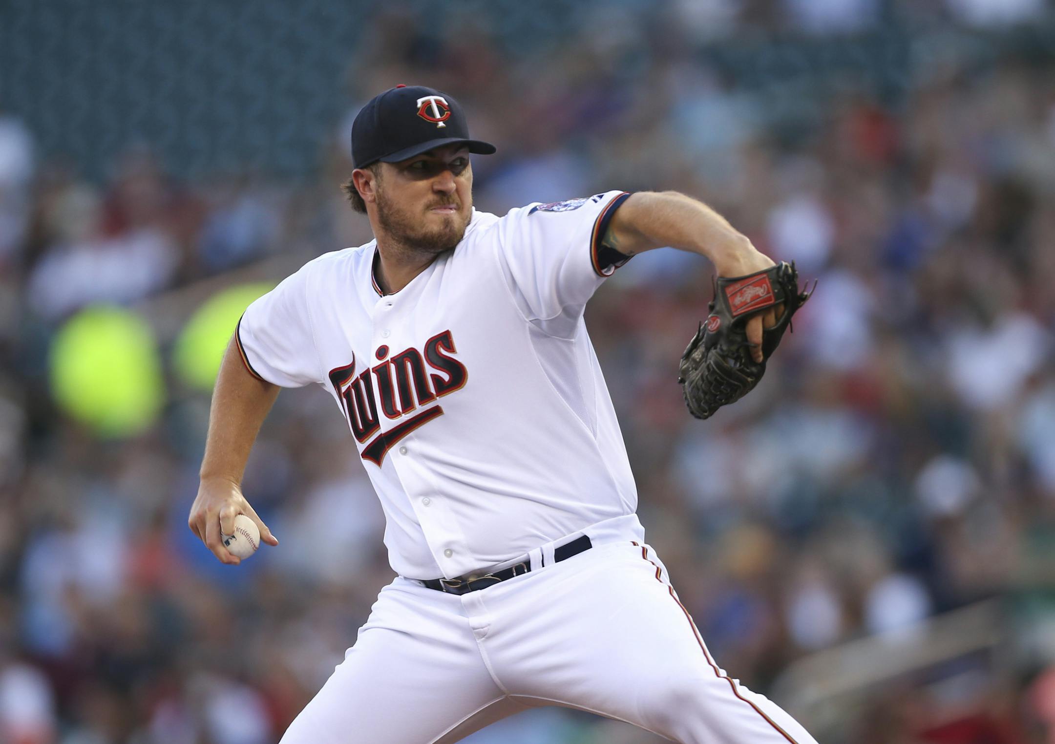 Minnesota Twins starting pitcher Phil Hughes throwing against Seattle in the first inning Thursday evening. ] JEFF WHEELER ï jeff.wheeler@startribune.com The Minnesota Twins began a series with the Seattle Mariners Thursday night, July 30, 2015 at Target Field in Minneapolis.