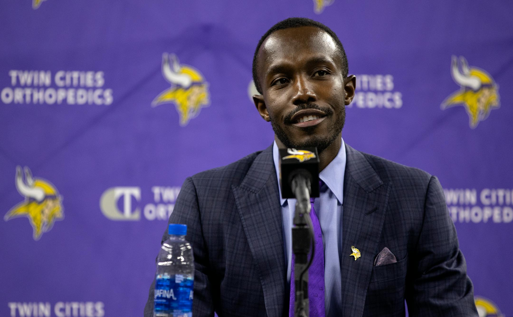 Minnesota Vikings new general manger Kwesi Adofo-Mensah during a press conference Thursday, Jan. 27, at TCO Performance Center in Eagan, Minn. ] CARLOS GONZALEZ • cgonzalez@startribune.com