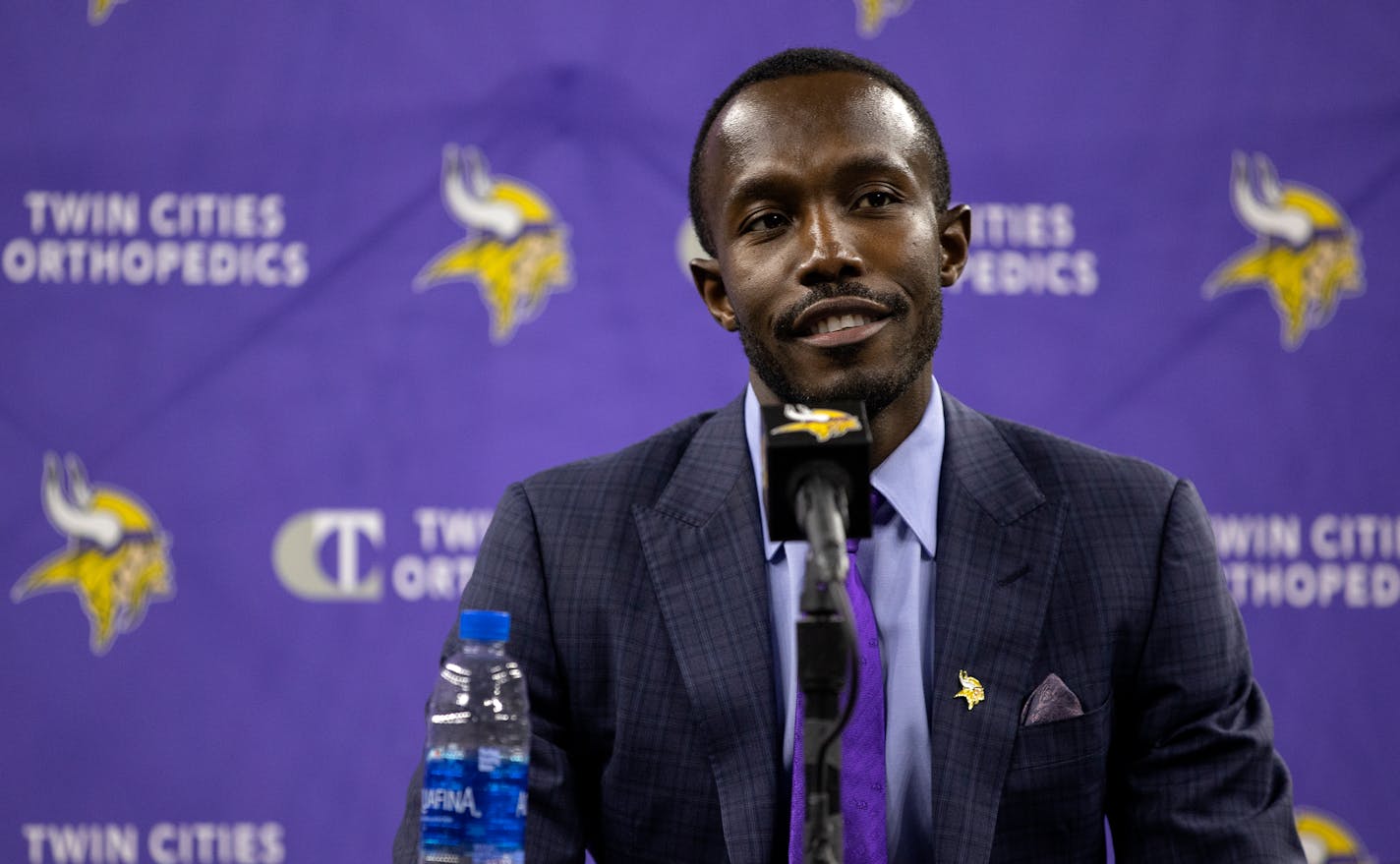 Minnesota Vikings new general manger Kwesi Adofo-Mensah during a press conference Thursday, Jan. 27, at TCO Performance Center in Eagan, Minn. ] CARLOS GONZALEZ • cgonzalez@startribune.com