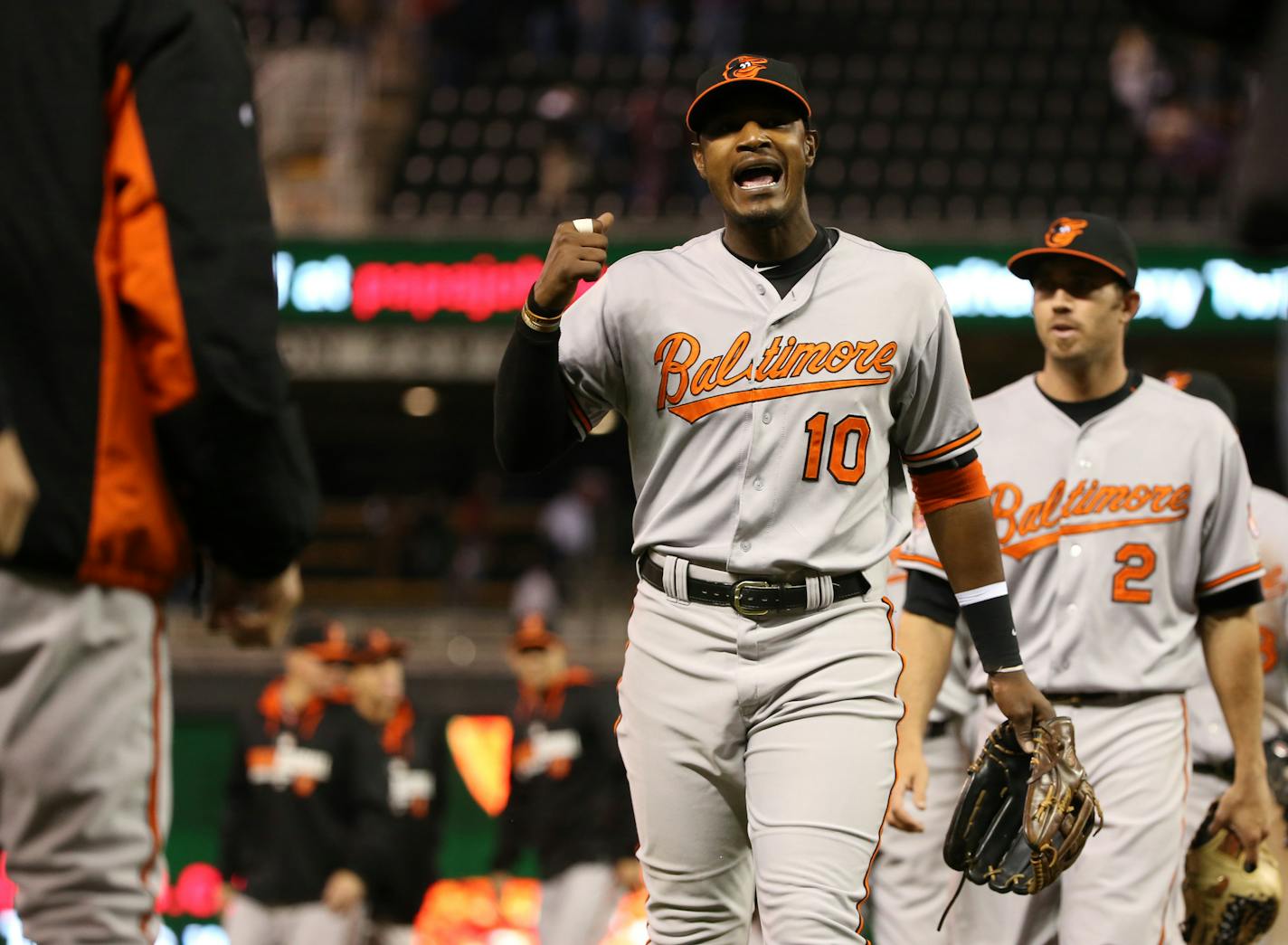 Orioles Adam Jones celebrated after their win agains the Twins 3-0. ] (KYNDELL HARKNESS/STAR TRIBUNE) kyndell.harkness@startribune.com Twins lose to the Orioles 3-0 at Target Field in Minneapolis, Min., Friday, May 2, 2014.