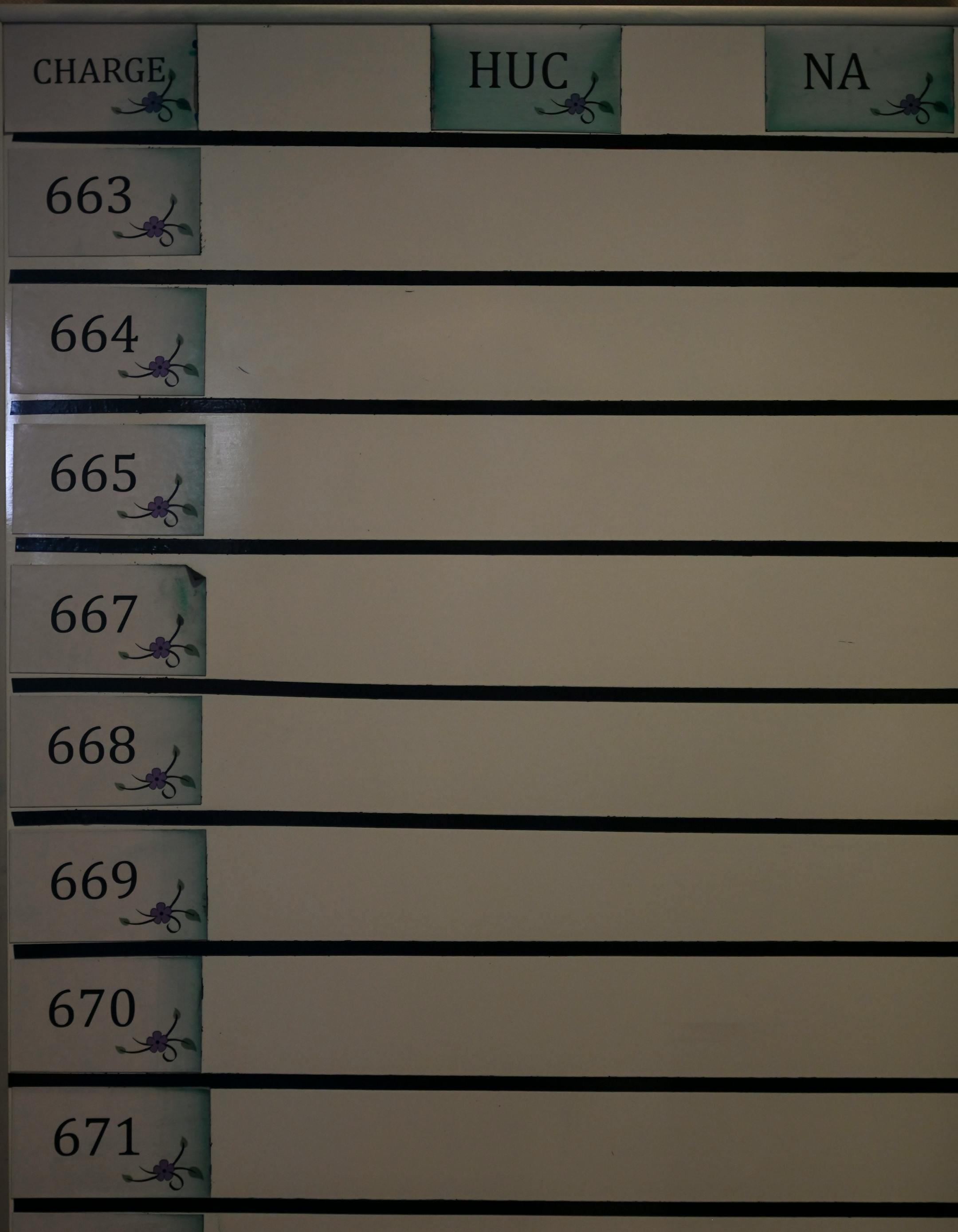 A board, which usually has names of patients and the nurses assigned to them, was blank in the now-vacant South 6 Intensive Care Unit.